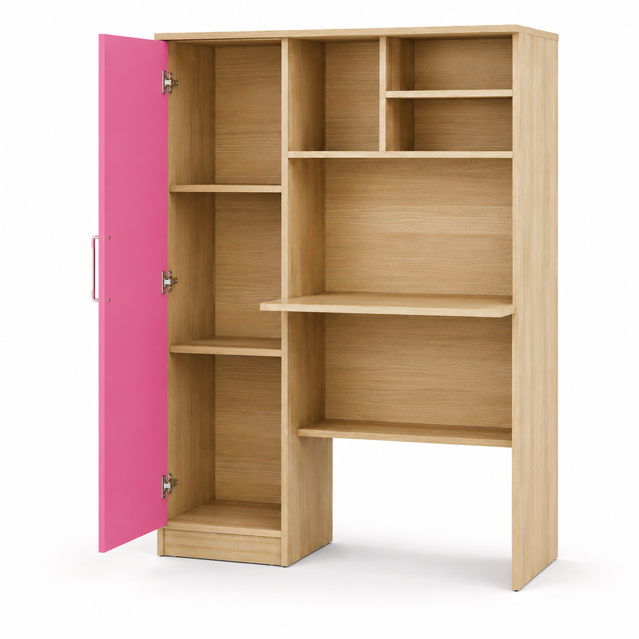 Kids Study Table with Wardrobe and Open Shelves, Pink Door, Wooden Finish for Kids Bedroom, Study Room