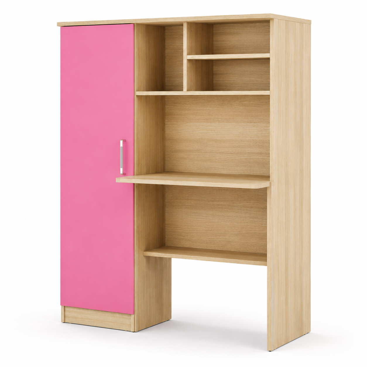 Kids Study Table with Wardrobe and Open Shelves, Pink Door, Wooden Finish for Kids Bedroom, Study Room