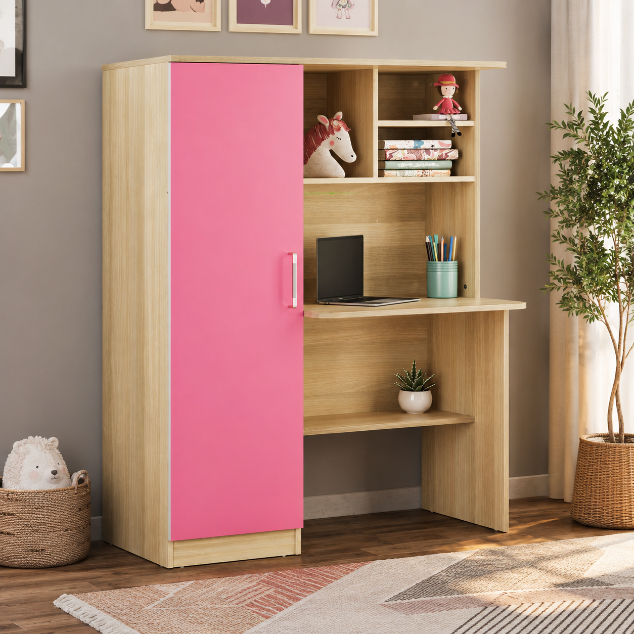Kids Study Table with Wardrobe and Open Shelves, Pink Door, Wooden Finish for Kids Bedroom, Study Room