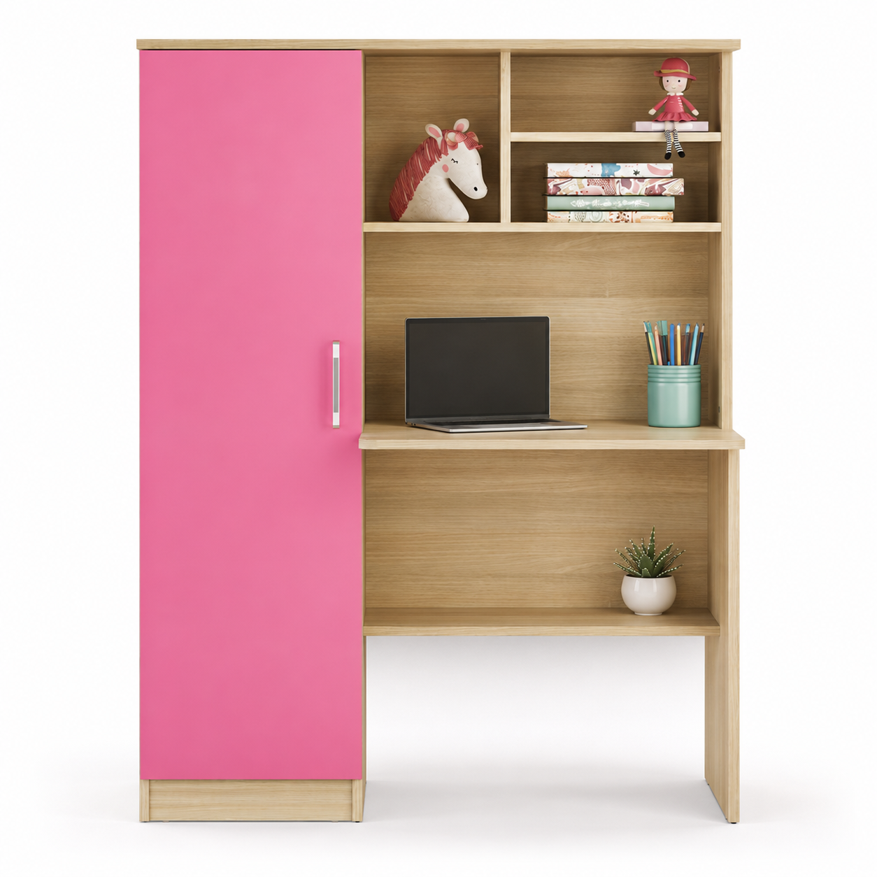 Kids Study Table with Wardrobe and Open Shelves, Pink Door, Wooden Finish for Kids Bedroom, Study Room