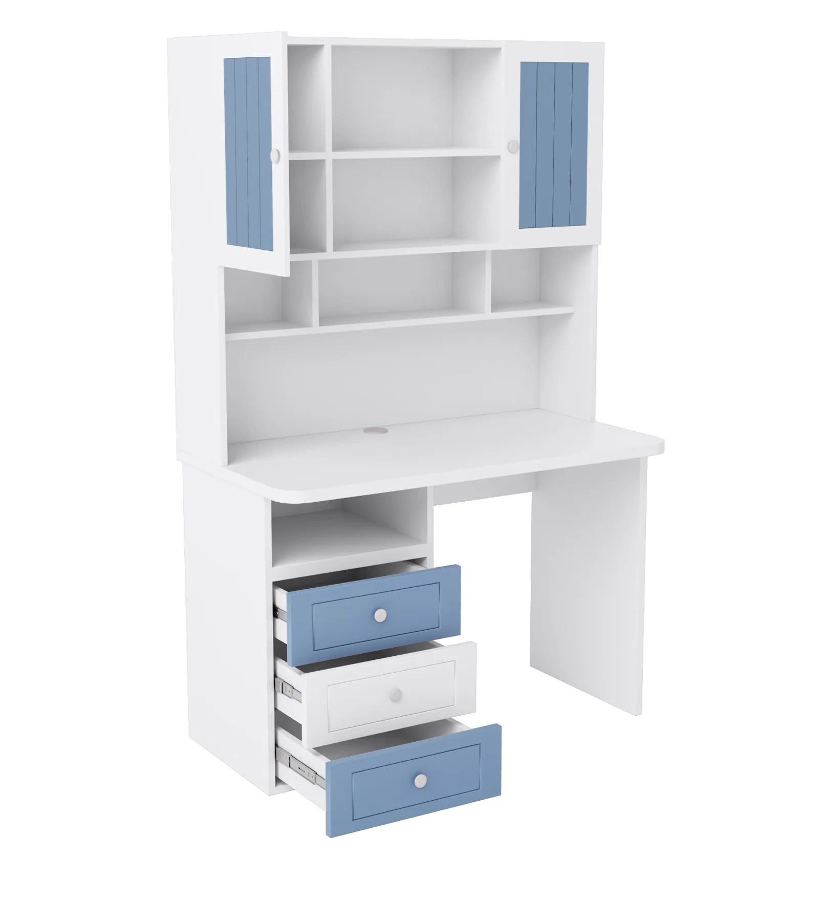 Modern Study and Computer Desk with Hutch, 3 Drawers, 2 Door Cabinet, Open Bookshelves, Writing Table for Home Office