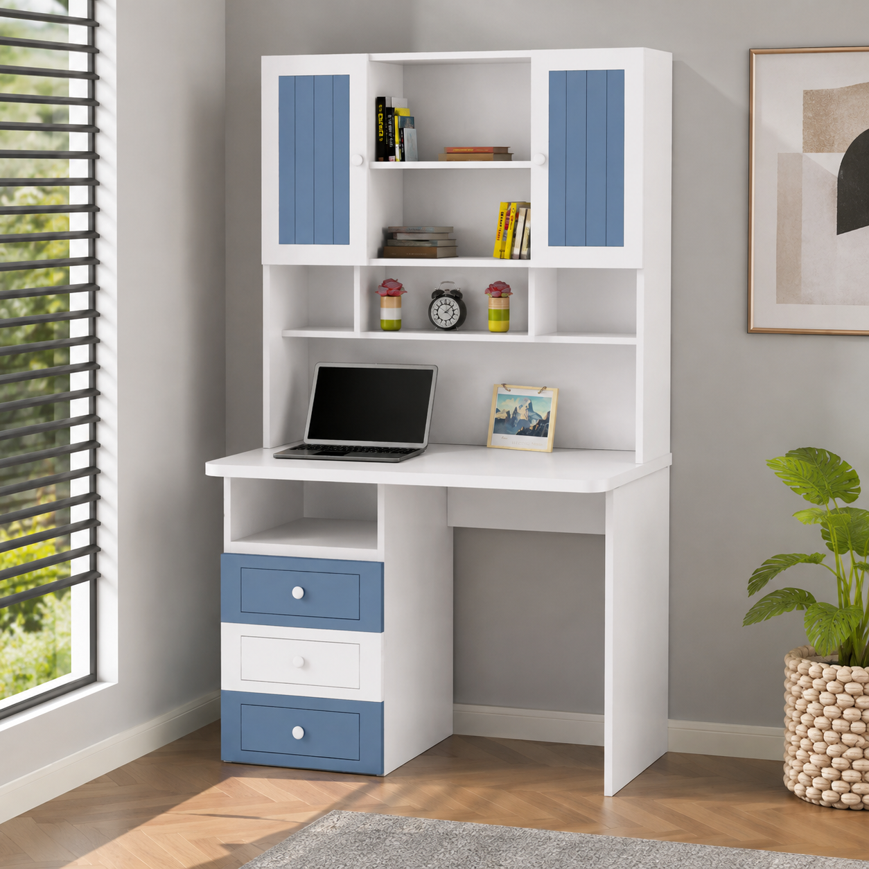 Modern Study and Computer Desk with Hutch, 3 Drawers, 2 Door Cabinet, Open Bookshelves, Writing Table for Home Office