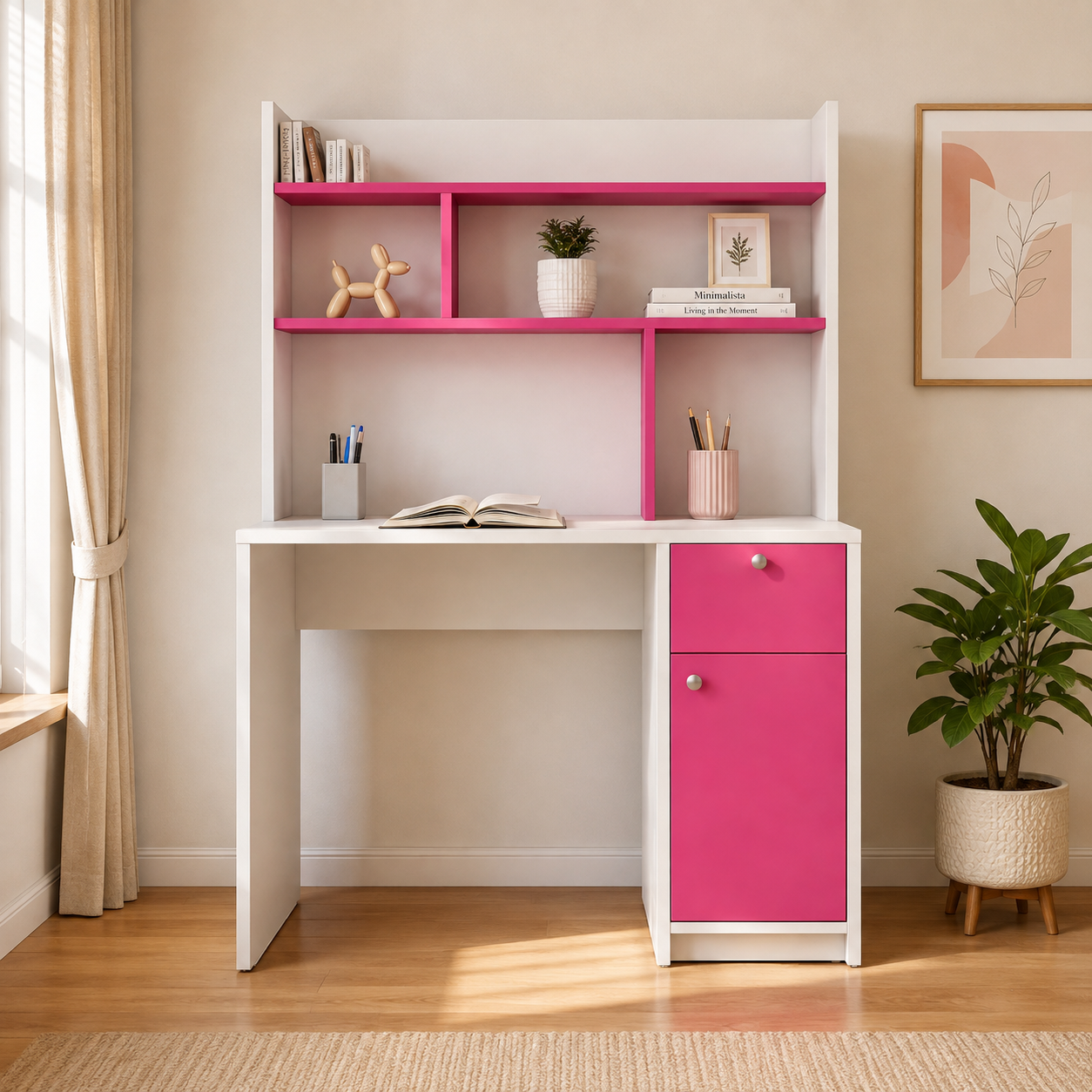 Kids Study Desk in White & Pink with Bookshelf, Drawer & Storage Cabinet for Kids Bedroom, Nursery & Study Area
