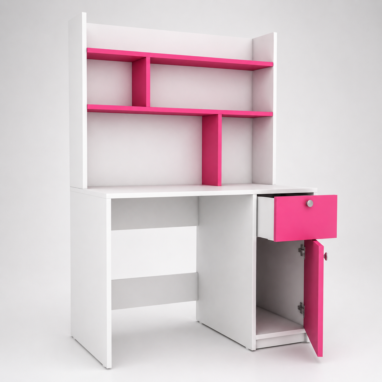 Kids Study Desk in White & Pink with Bookshelf, Drawer & Storage Cabinet for Kids Bedroom, Nursery & Study Area