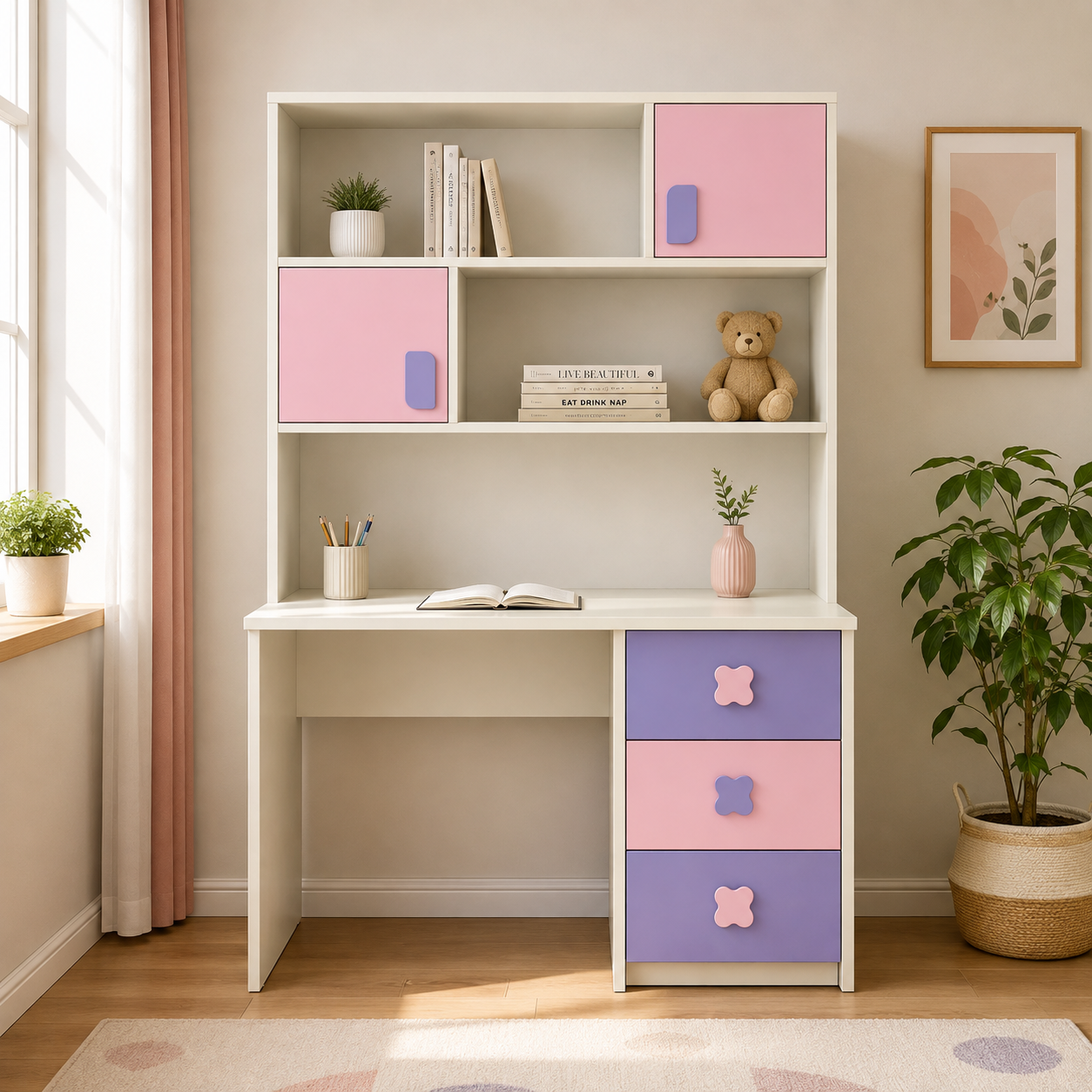 Kids Study Desk in White with Pink & Lavender Storage, Bookshelf & Drawer Cabinet for Kids Bedroom, Nursery & Study Area