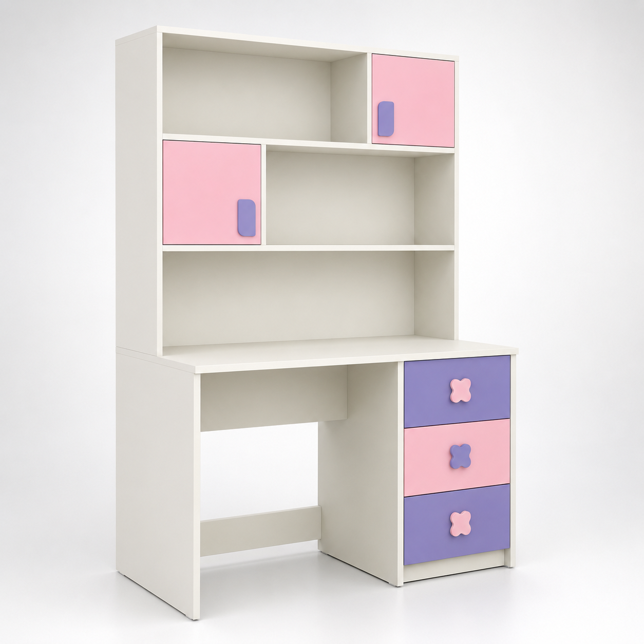 Kids Study Desk in White with Pink & Lavender Storage, Bookshelf & Drawer Cabinet for Kids Bedroom, Nursery & Study Area