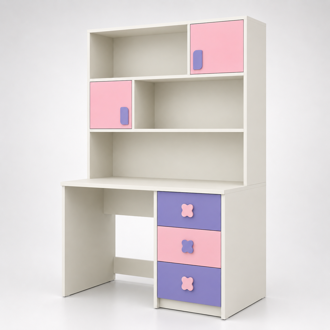 Kids Study Desk in White with Pink & Lavender Storage, Bookshelf & Drawer Cabinet for Kids Bedroom, Nursery & Study Area