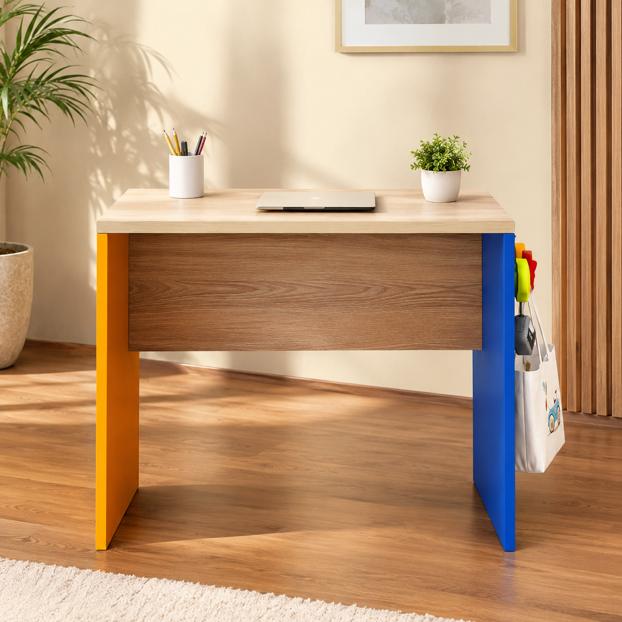 Kids Study Desk in Wooden Finish with Multicolor Side Panels for Kids Bedroom, Nursery & Study Area