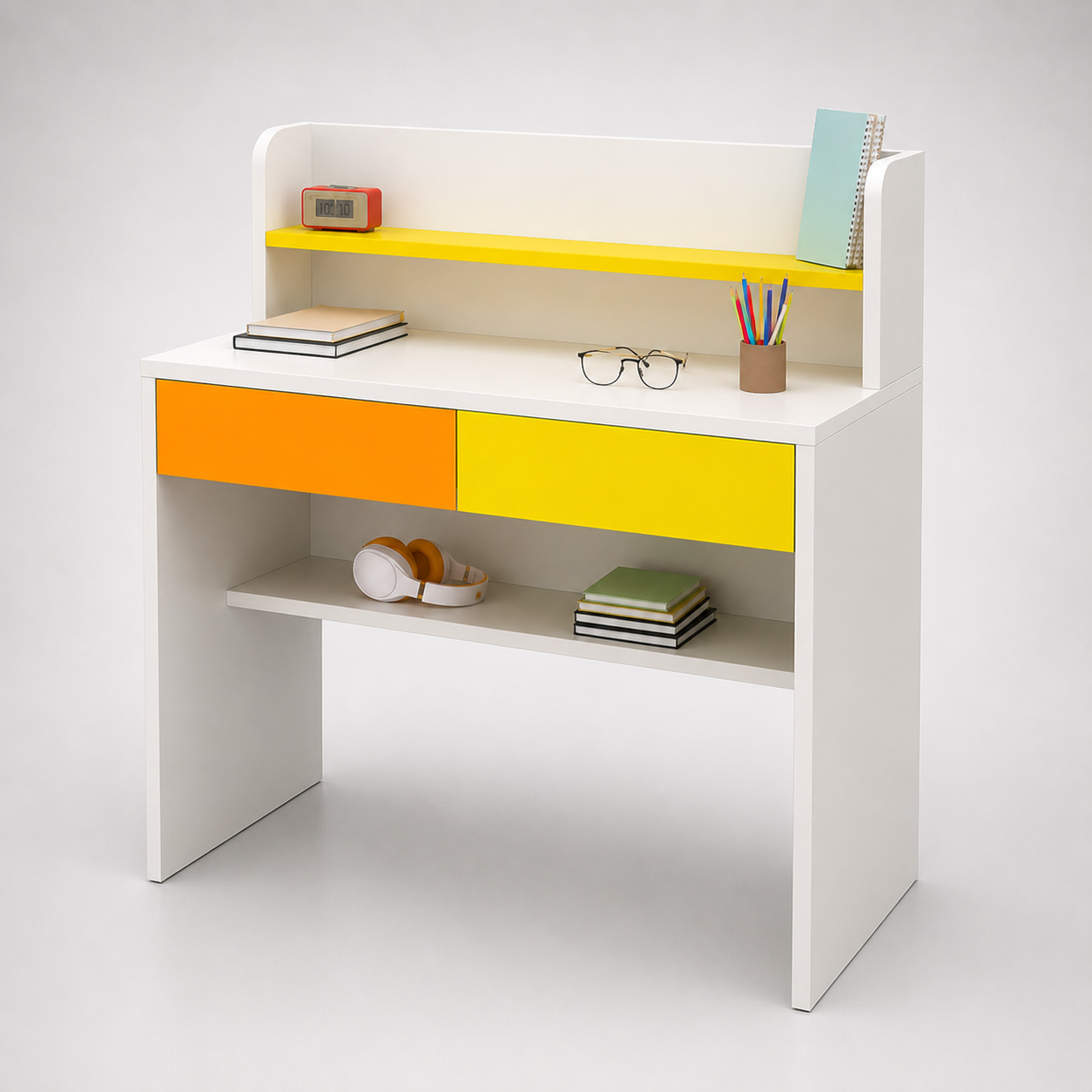 Kids Study Desk in White with Multicolor Drawers & Bookshelf for Kids Bedroom, Nursery & Study Area
