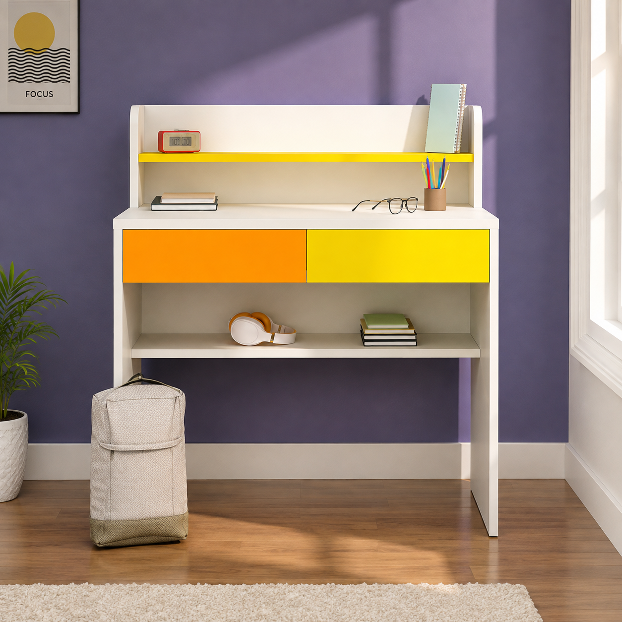 Kids Study Desk in White with Multicolor Drawers & Bookshelf for Kids Bedroom, Nursery & Study Area