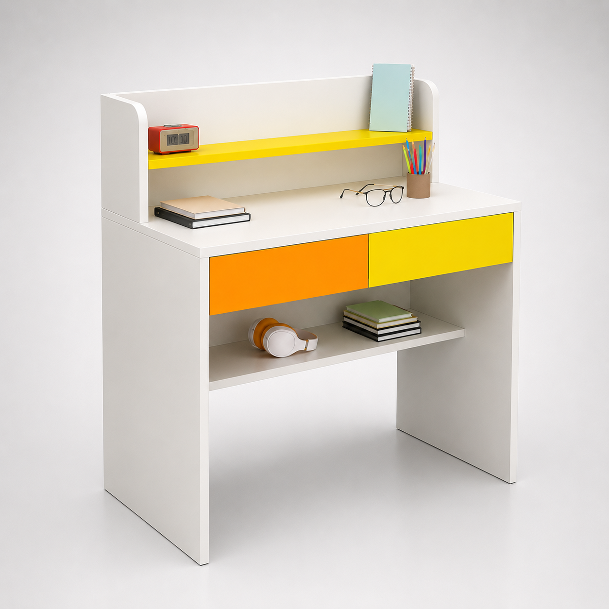 Kids Study Desk in White with Multicolor Drawers & Bookshelf for Kids Bedroom, Nursery & Study Area