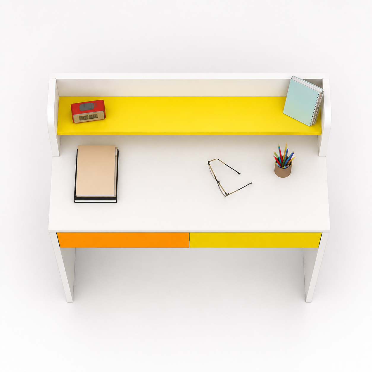 Kids Study Desk in White with Multicolor Drawers & Bookshelf for Kids Bedroom, Nursery & Study Area