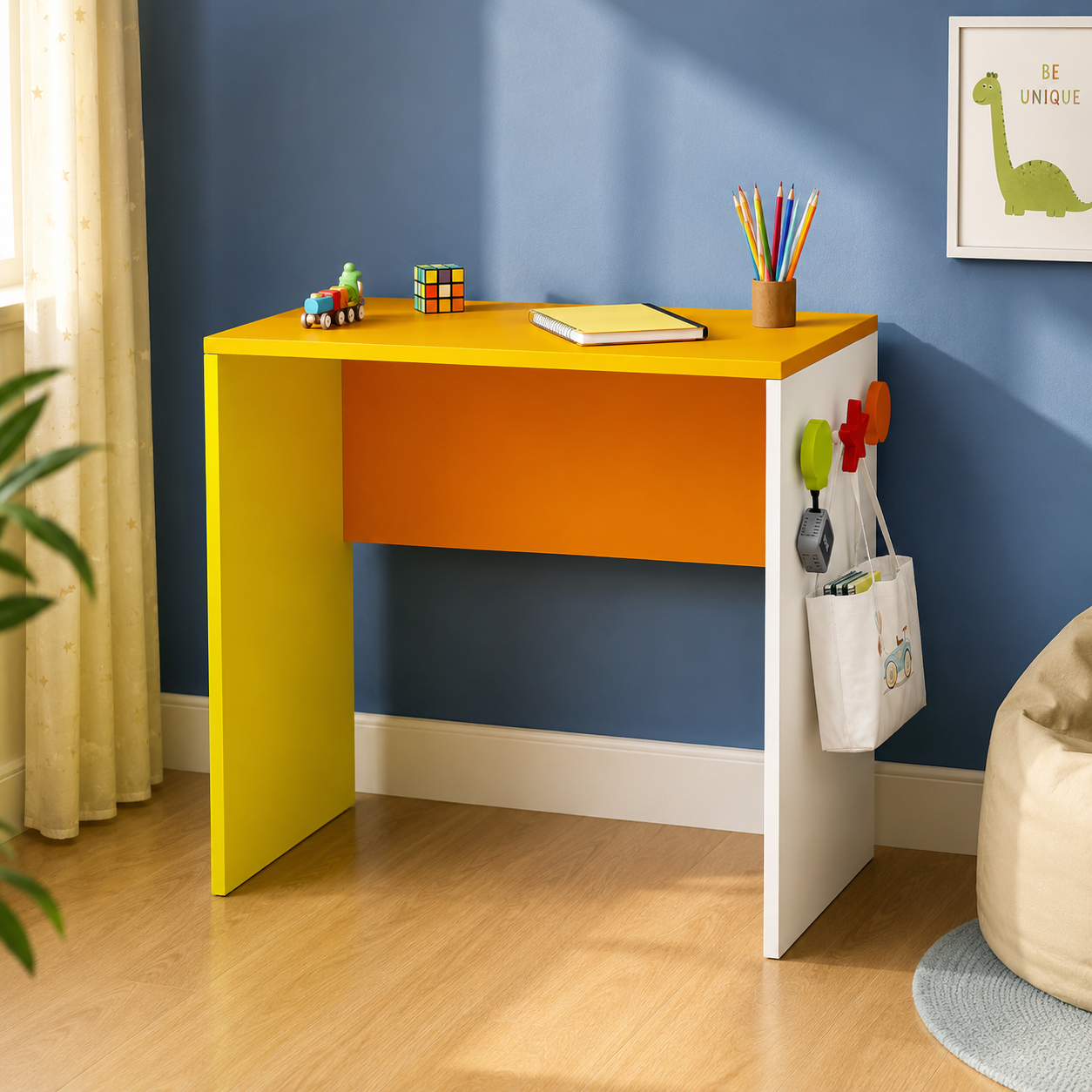 Kids Study Desk in White & Yellow with Orange Panel for Kids Bedroom, Nursery & Study Area