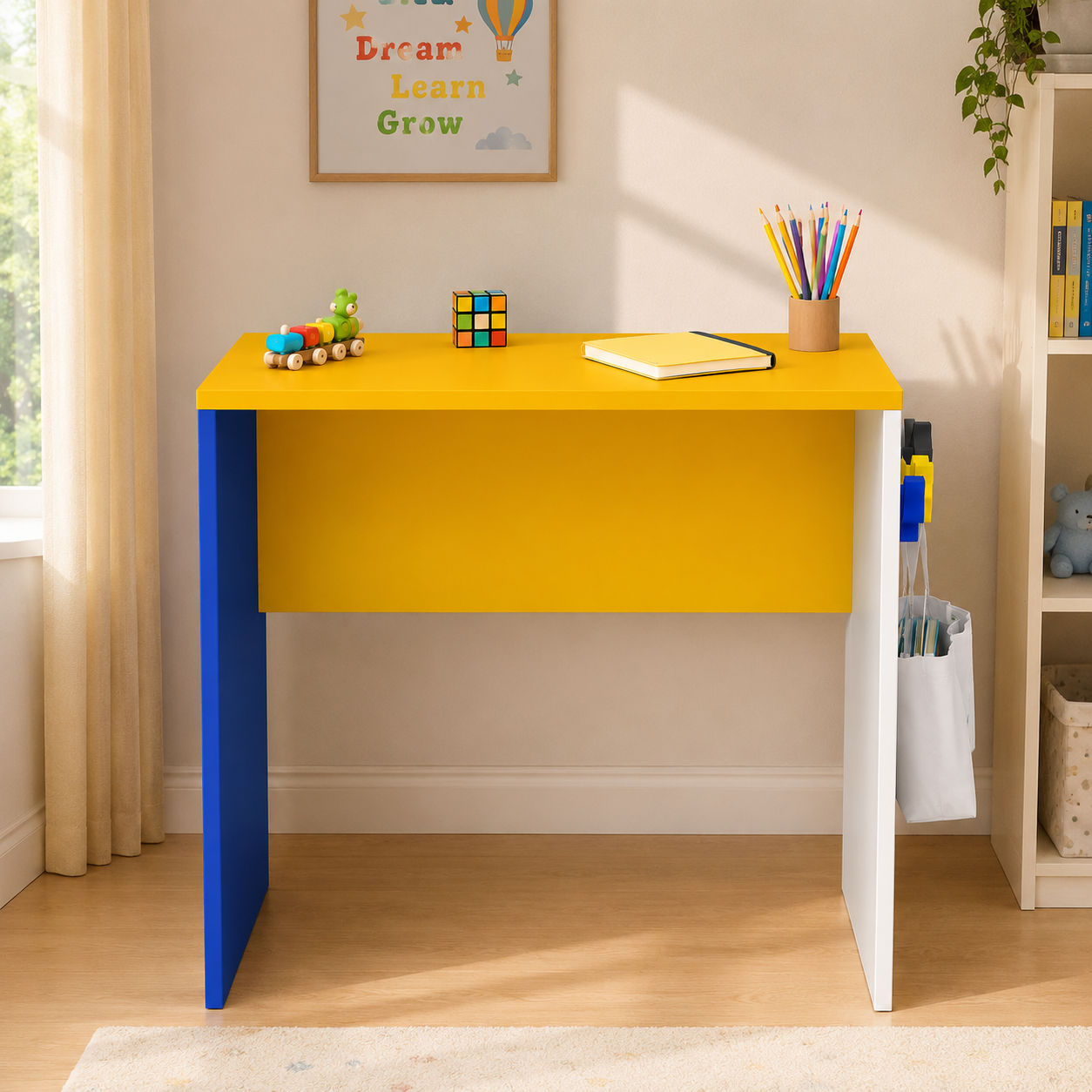 Kids Study Desk in White & Yellow with Blue Panel for Kids Bedroom, Nursery & Study Area