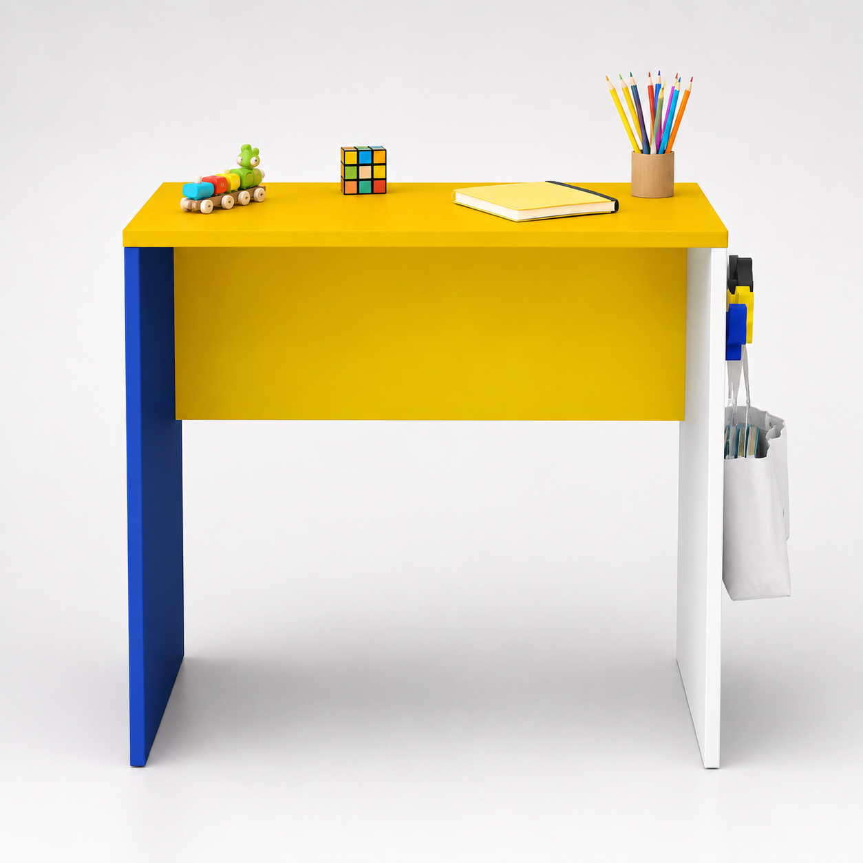 Kids Study Desk in White & Yellow with Blue Panel for Kids Bedroom, Nursery & Study Area