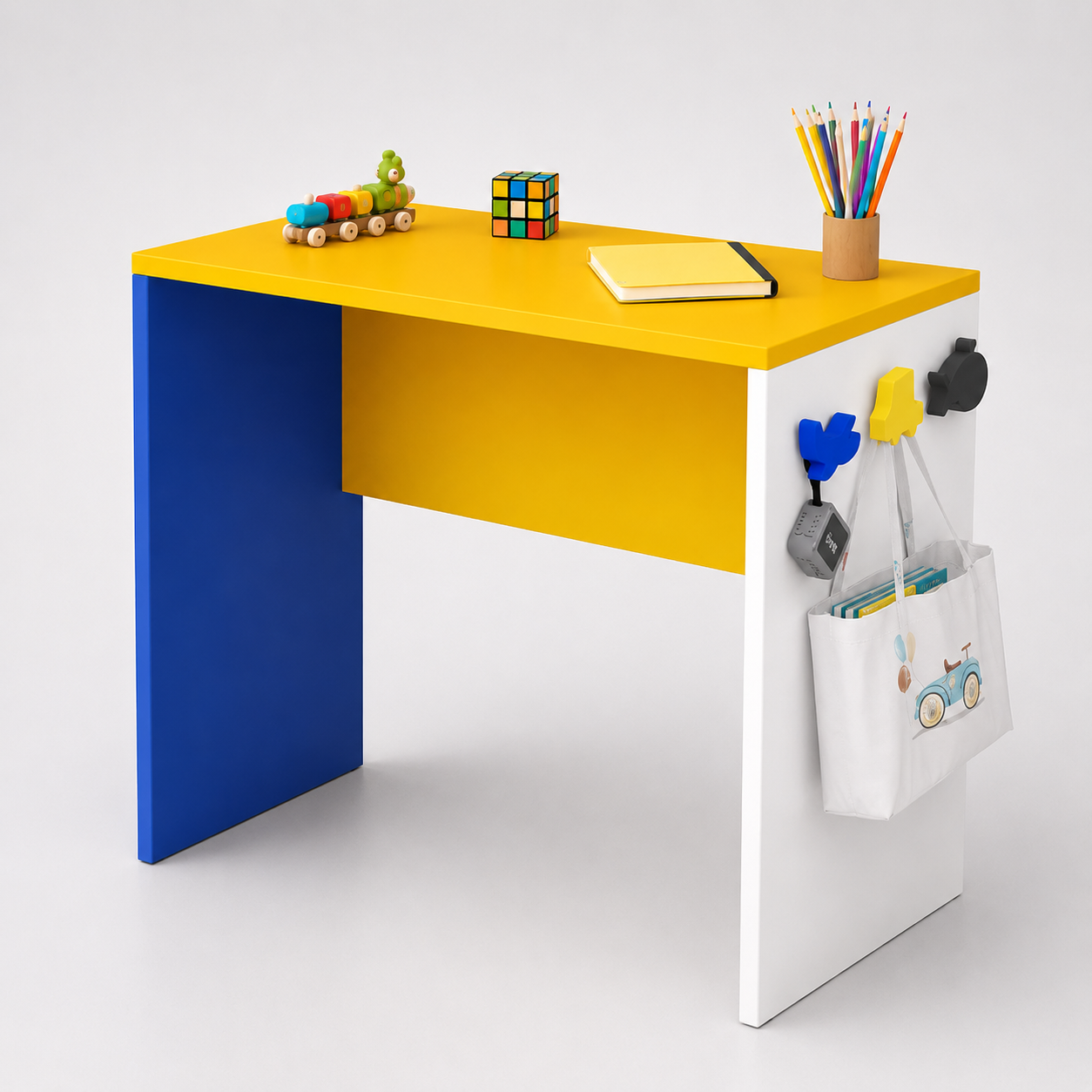 Kids Study Desk in White & Yellow with Blue Panel for Kids Bedroom, Nursery & Study Area