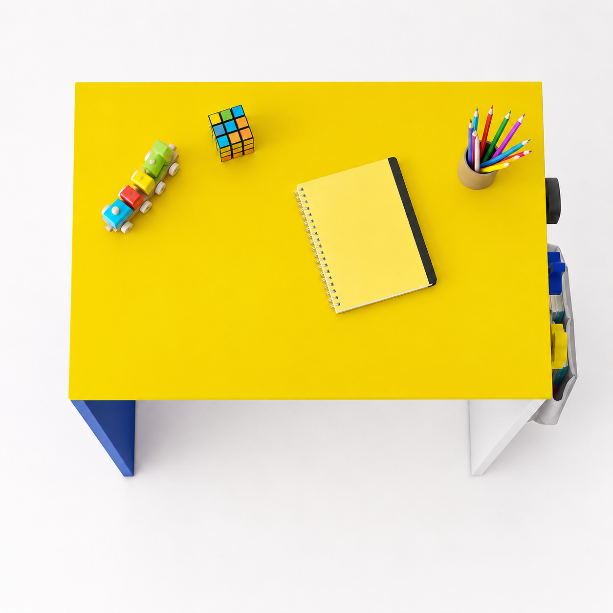 Kids Study Desk in White & Yellow with Blue Panel for Kids Bedroom, Nursery & Study Area