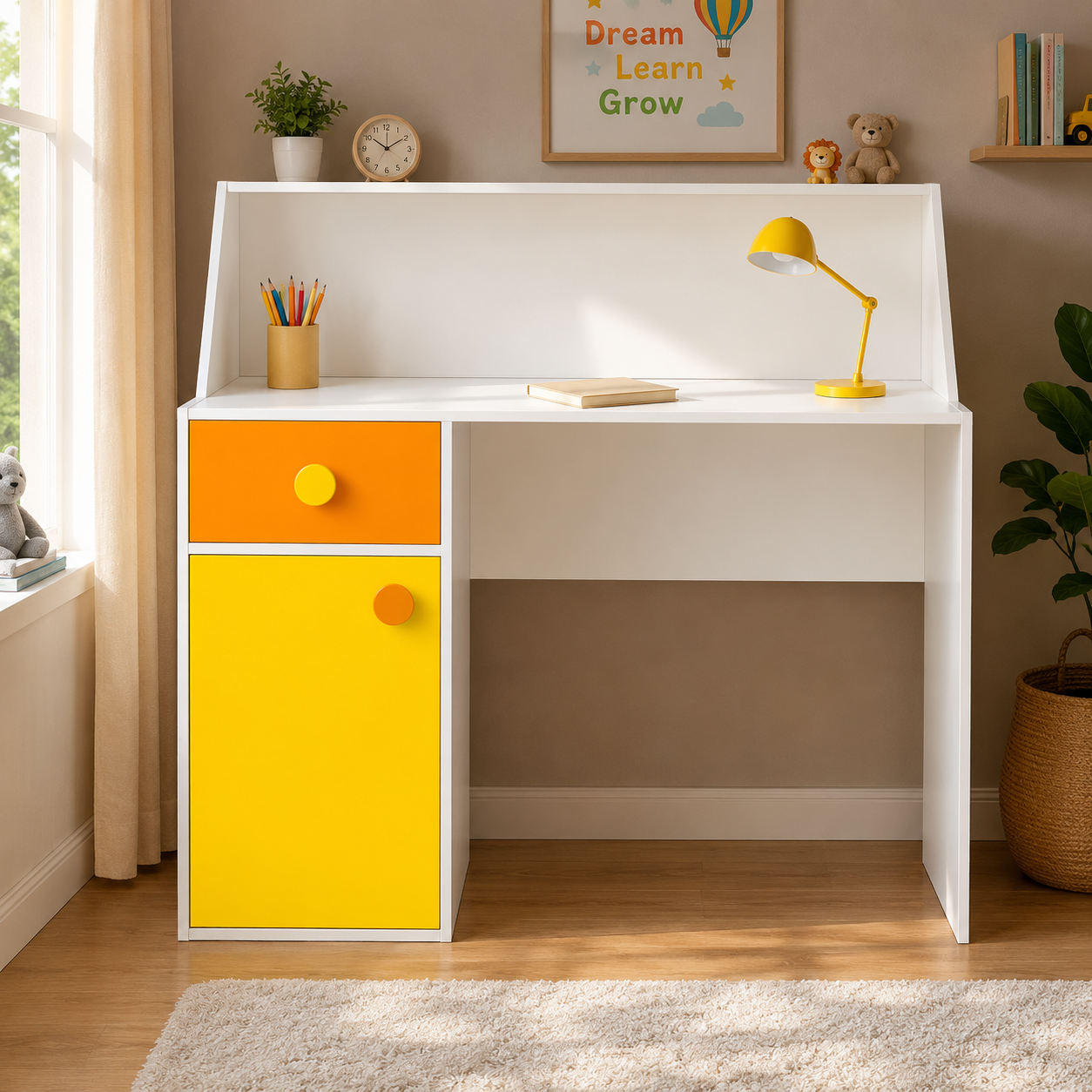 Kids Study Desk in White with Yellow Drawer & Storage Cabinet for Kids Bedroom, Nursery & Study Area