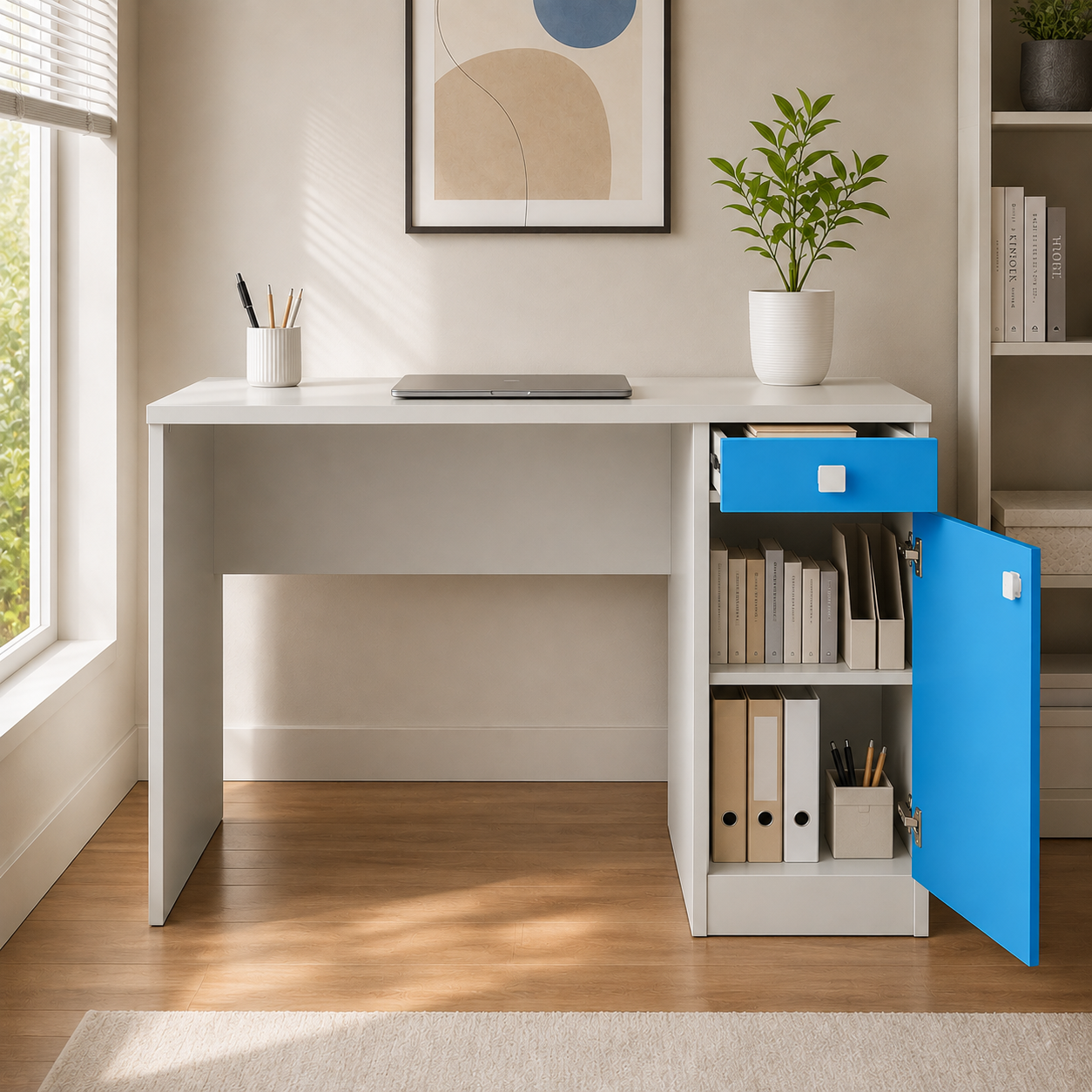 Kids Study Desk in White with Blue Drawer & Storage Cabinet for Kids Bedroom, Nursery & Study Area