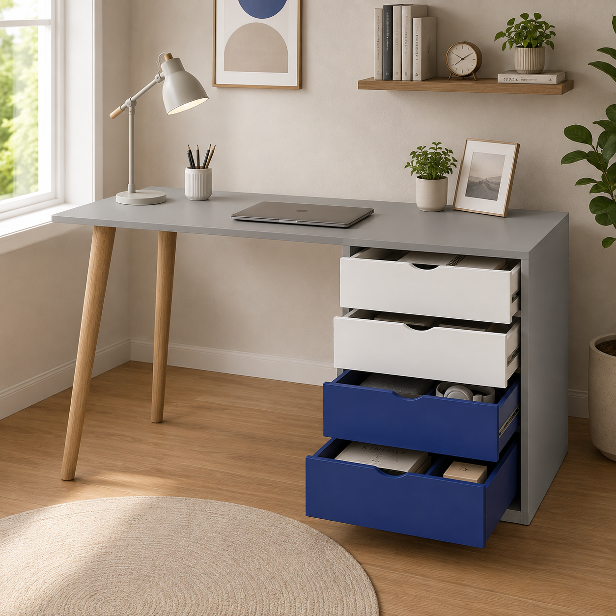 Kids Study Desk in Gray with 4 Drawer Storage for Kids Bedroom, Nursery & Study Area