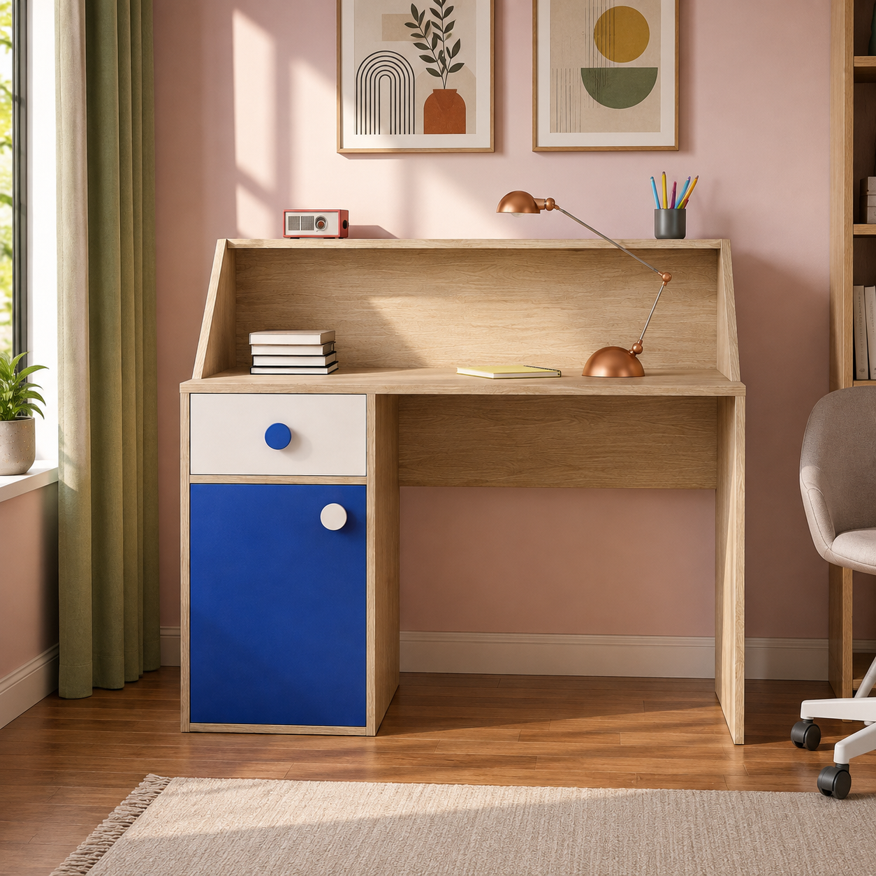 Kids Study Desk in Brown with Blue Drawer & Storage Cabinet for Kids Bedroom, Nursery & Study Area