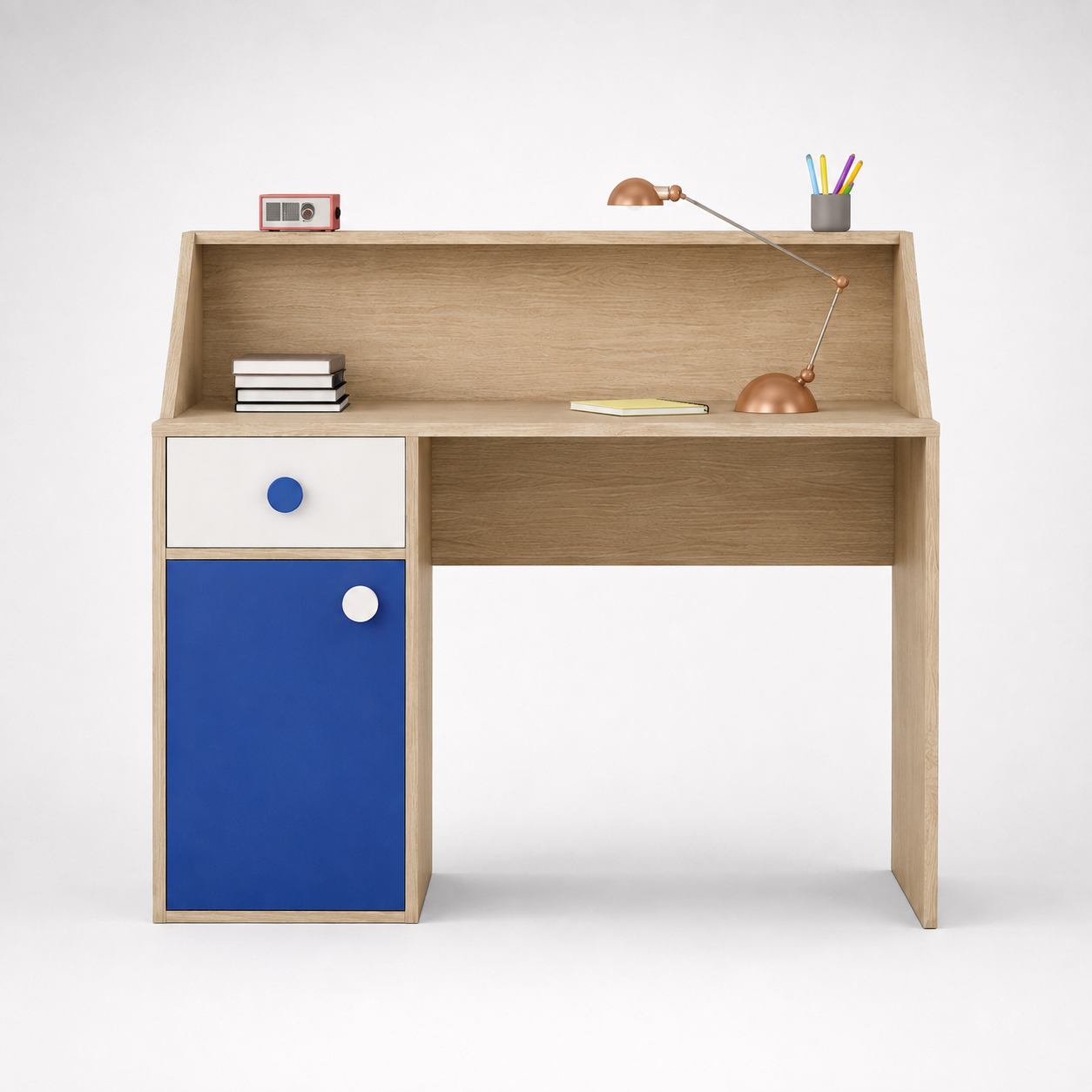 Kids Study Desk in Brown with Blue Drawer & Storage Cabinet for Kids Bedroom, Nursery & Study Area