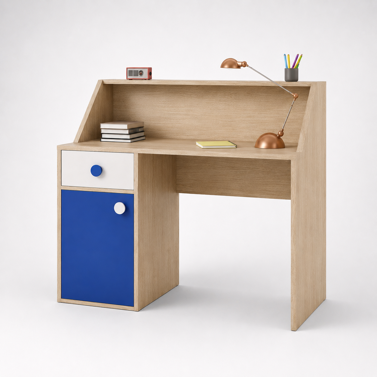 Kids Study Desk in Brown with Blue Drawer & Storage Cabinet for Kids Bedroom, Nursery & Study Area