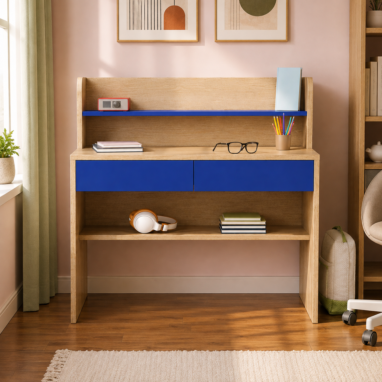 Kids Study Desk in Brown with Blue Drawers & Bookshelf for Kids Bedroom, Nursery & Study Area