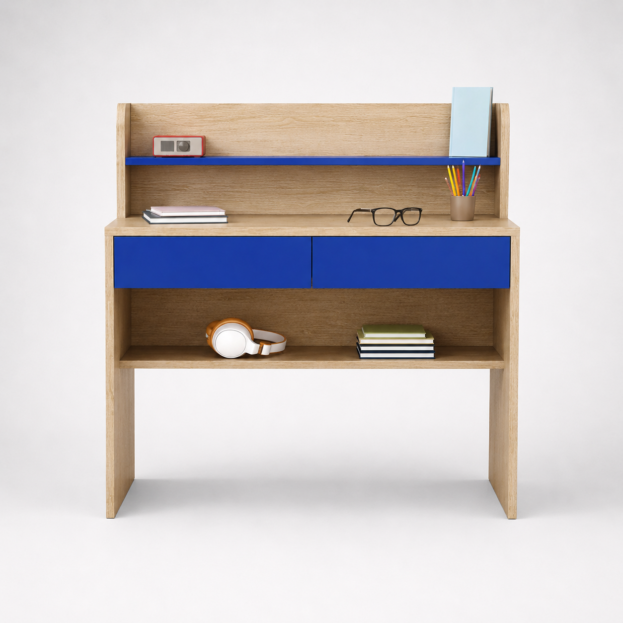 Kids Study Desk in Brown with Blue Drawers & Bookshelf for Kids Bedroom, Nursery & Study Area