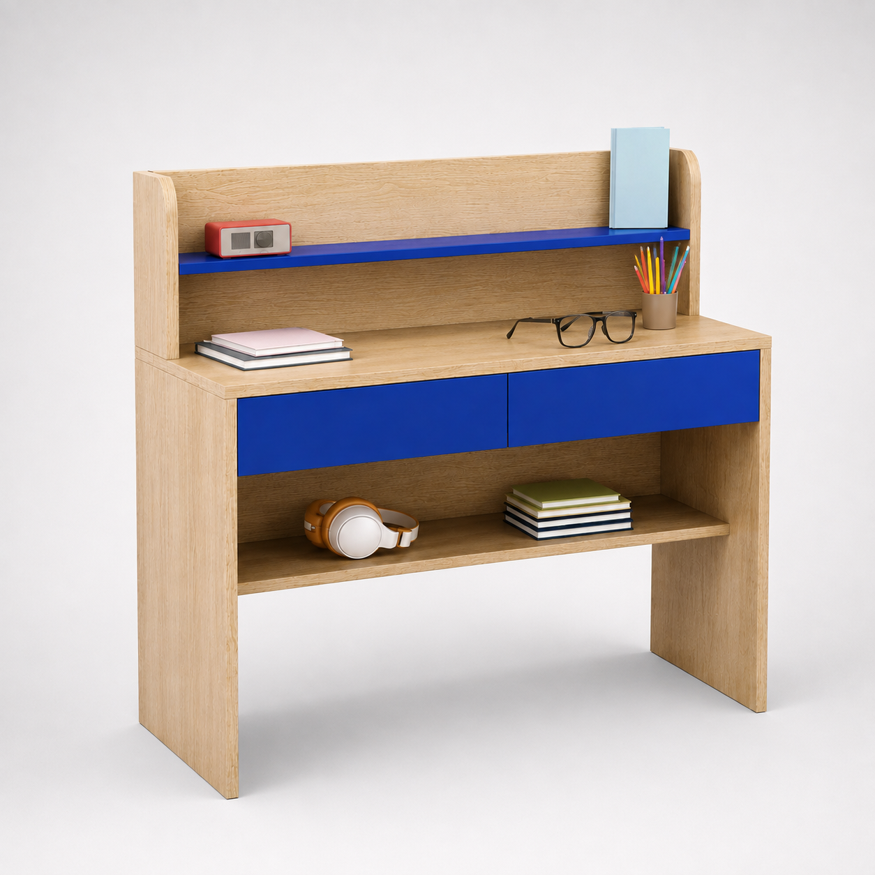 Kids Study Desk in Brown with Blue Drawers & Bookshelf for Kids Bedroom, Nursery & Study Area