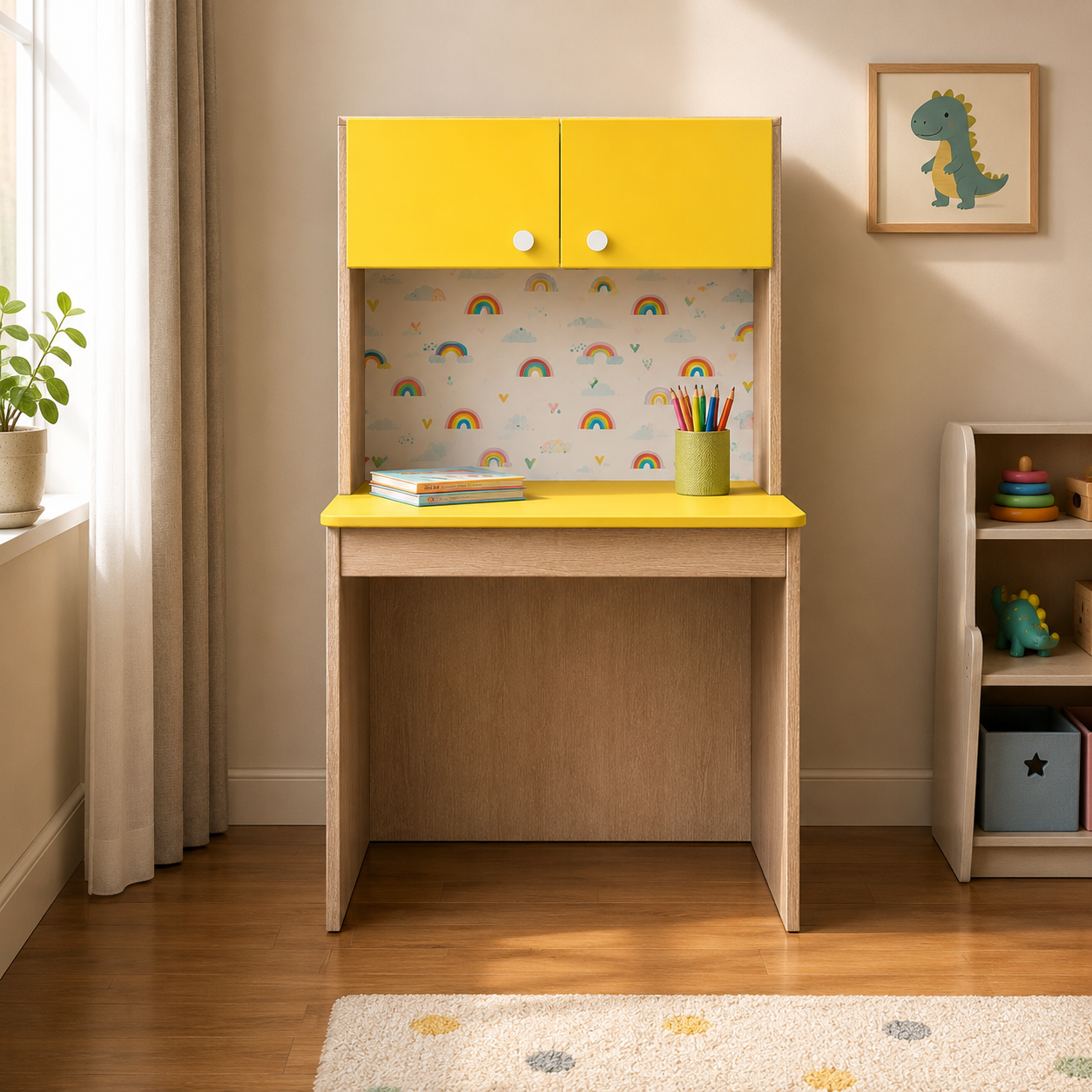 Kids Study Desk in Yellow with Overhead Cabinet & Bookshelf for Kids Bedroom, Nursery & Study Area