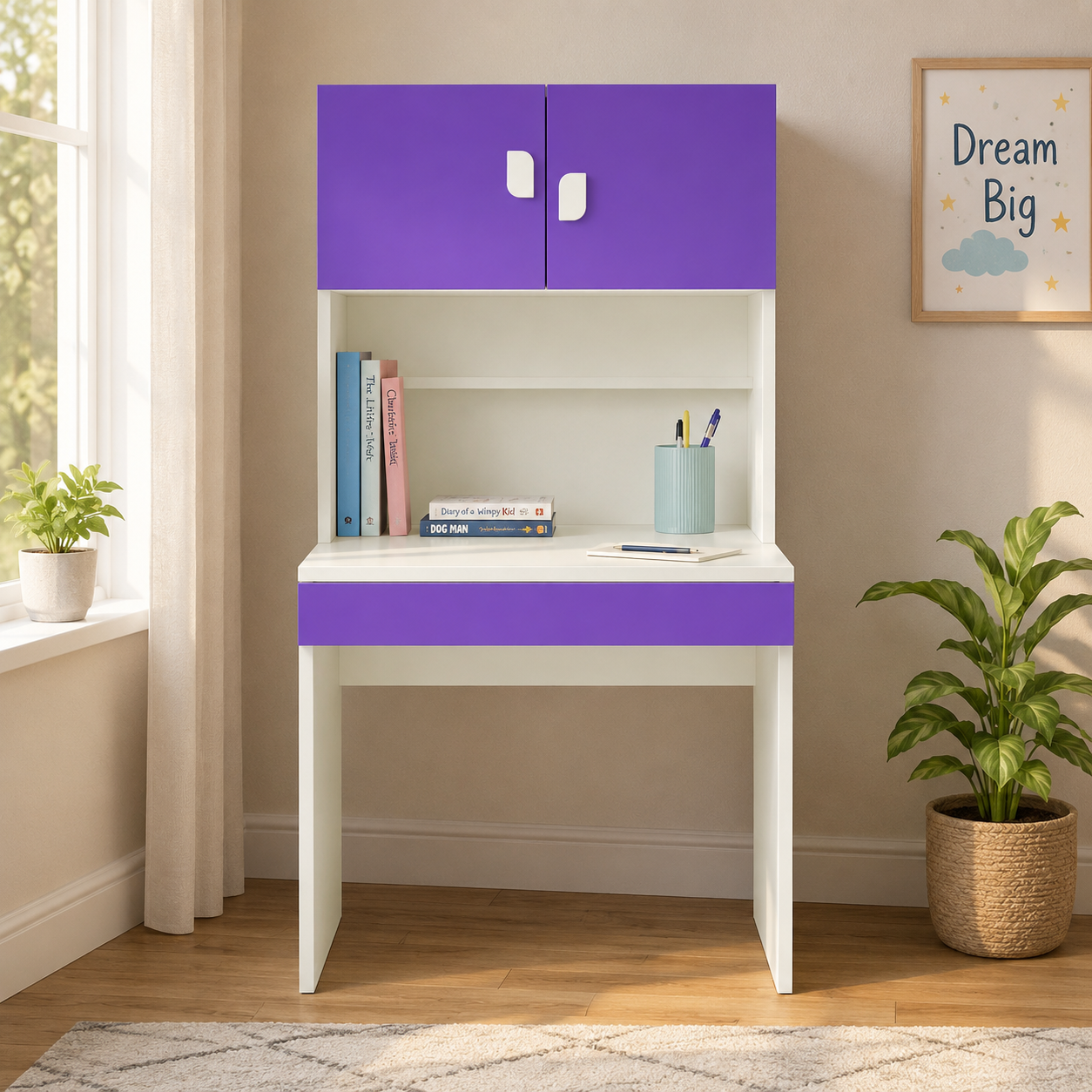 Kids Study Desk in White with Blue Overhead Cabinet & Bookshelf for Kids Bedroom, Nursery & Study Area