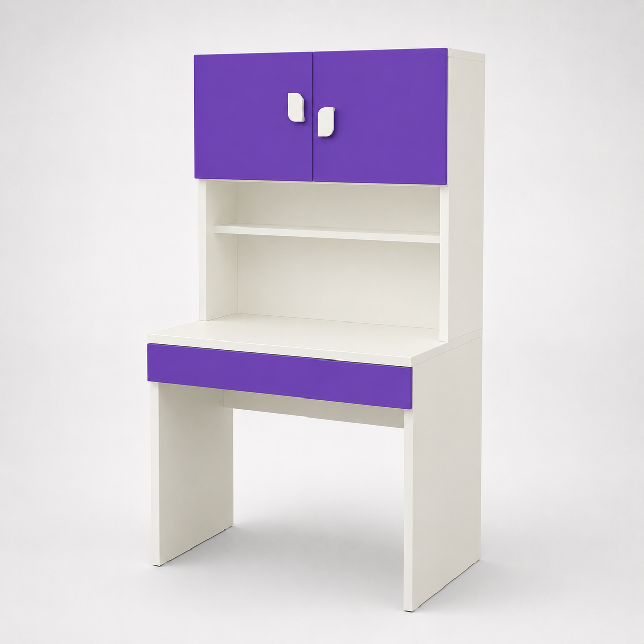 Kids Study Desk in White with Blue Overhead Cabinet & Bookshelf for Kids Bedroom, Nursery & Study Area