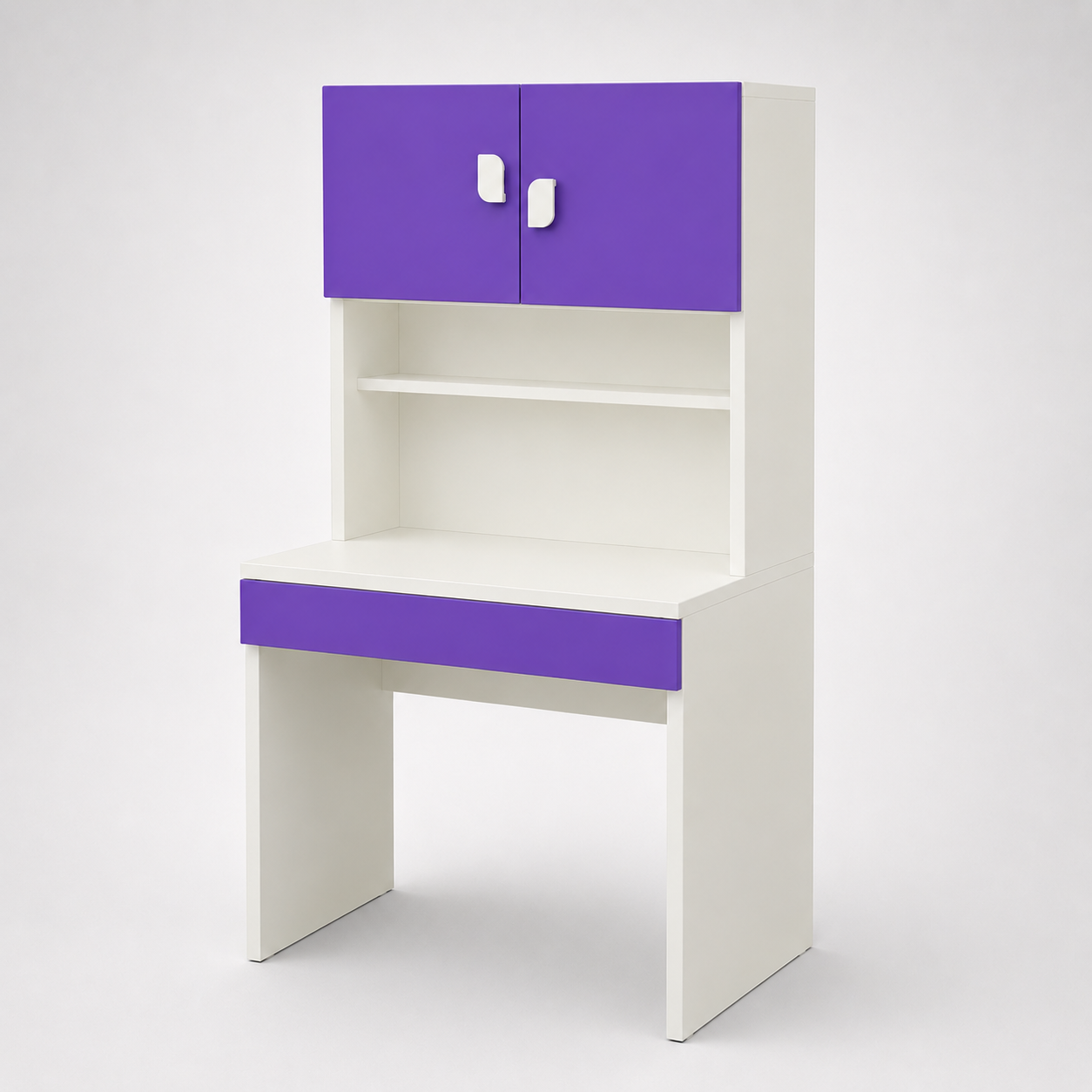 Kids Study Desk in White with Blue Overhead Cabinet & Bookshelf for Kids Bedroom, Nursery & Study Area