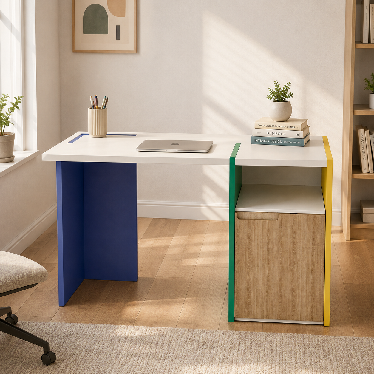 Kids Study Desk in White with Multicolor Storage Cabinet for Kids Bedroom, Nursery & Study Area