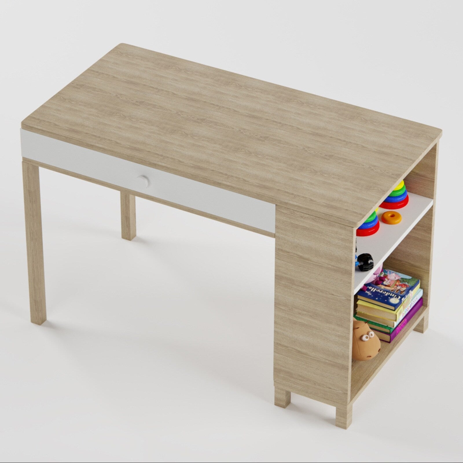 Kids Study Desk in Brown with Drawer & Side Bookshelf for Kids Bedroom, Nursery & Study Area