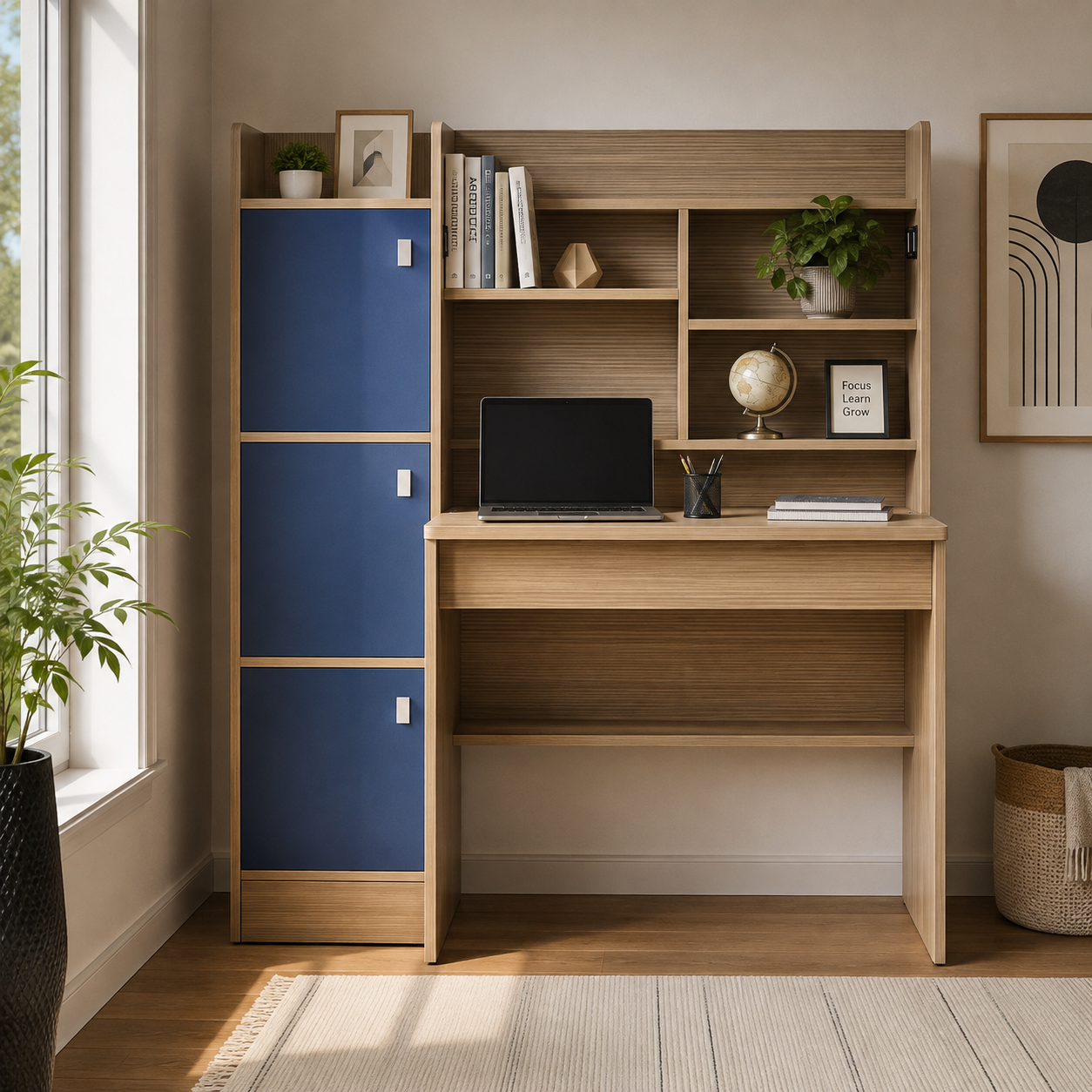 Kids Study Desk in Oak & Blue with 3 Door Storage & Bookshelf for Kids Bedroom, Nursery & Study Area