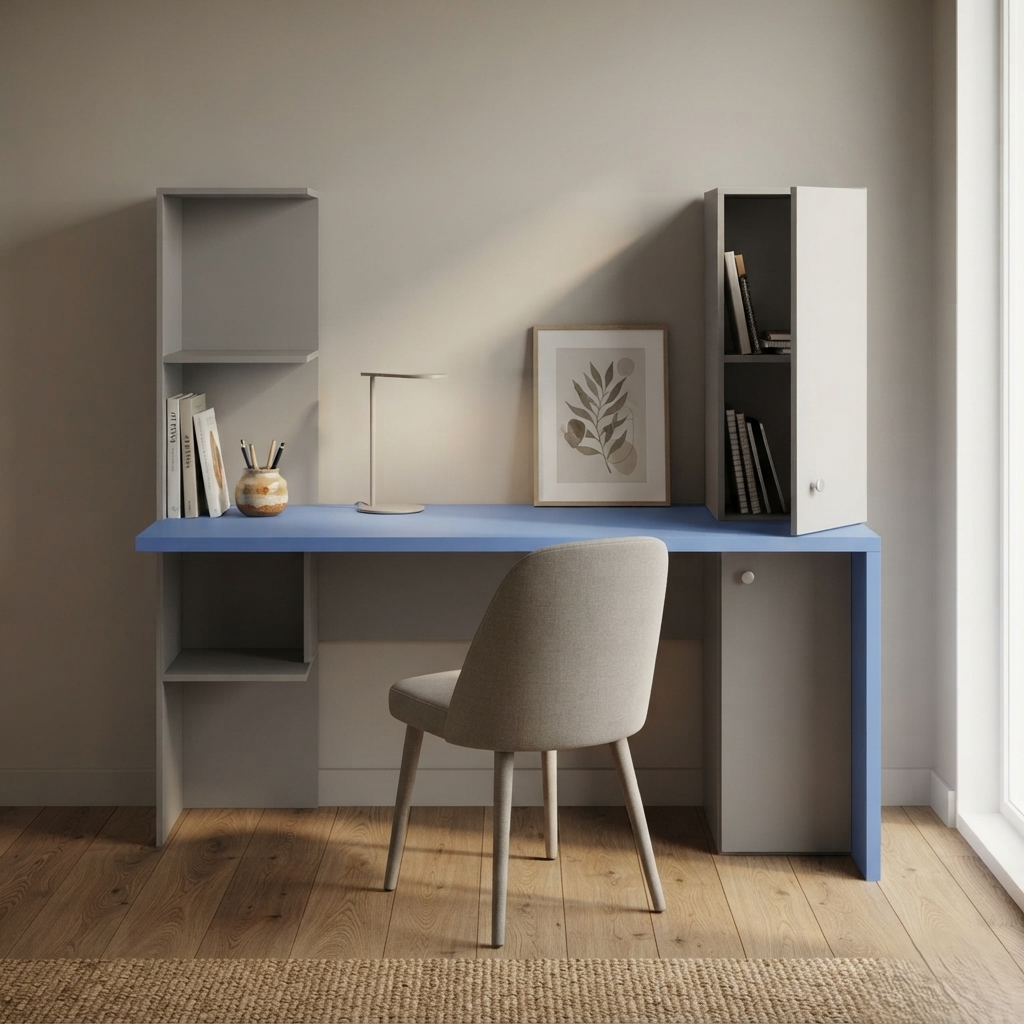 Kids Study Desk in Grey & Blue with Bookshelf & Storage Cabinet for Kids Bedroom, Nursery & Study Area