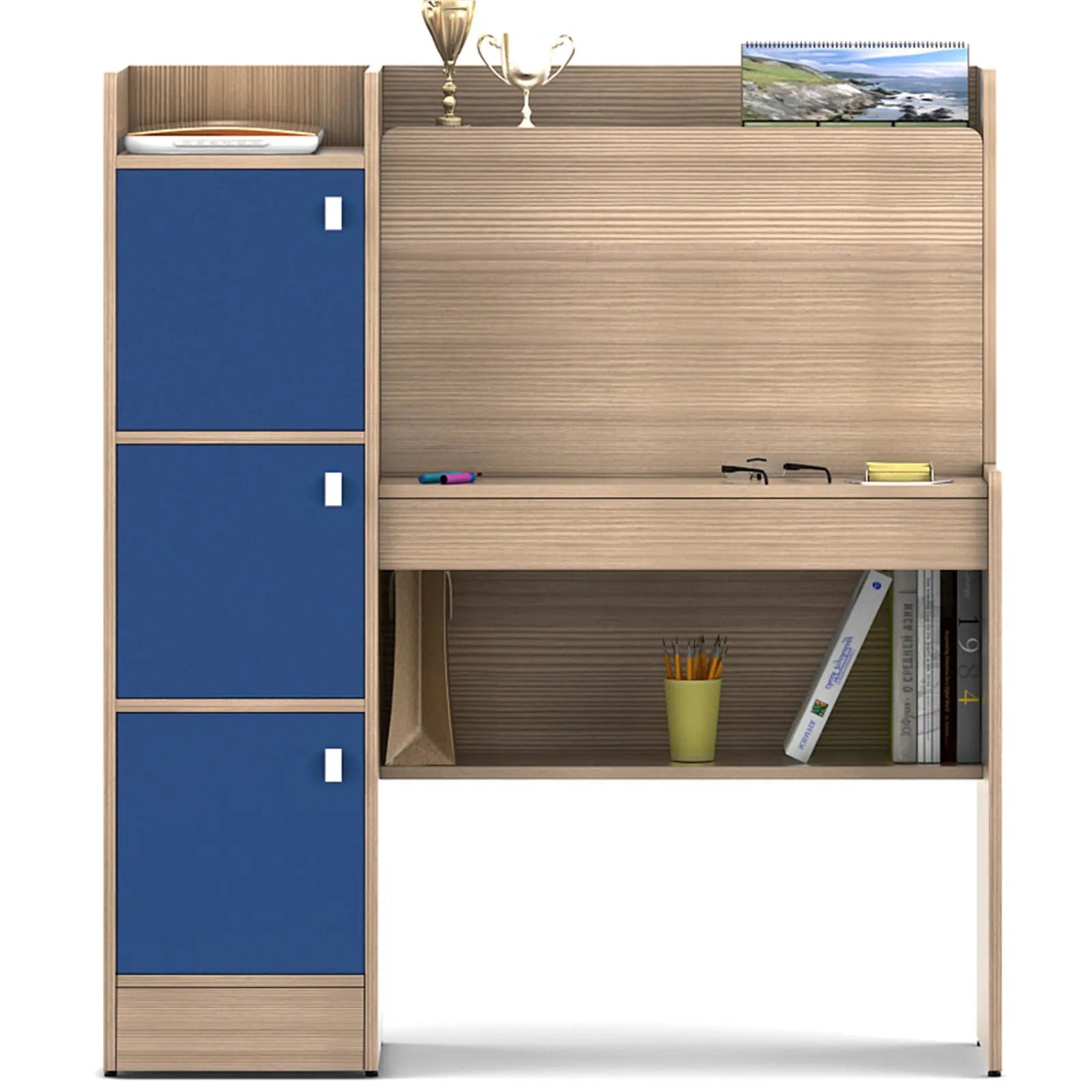 Kids Study Desk in Oak & Blue with 3 Door Storage & Bookshelf for Kids Bedroom, Nursery & Study Area
