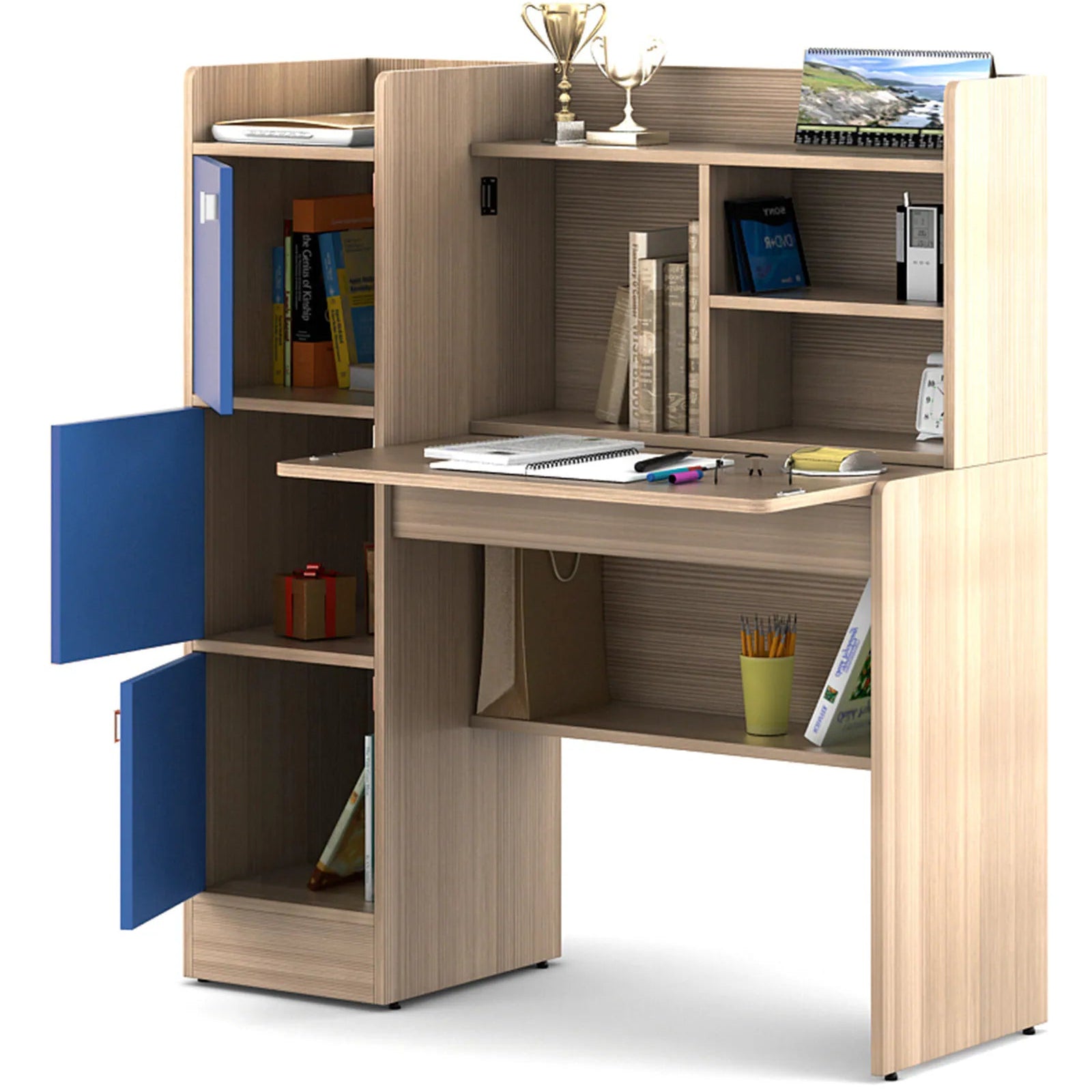 Kids Study Desk in Oak & Blue with 3 Door Storage & Bookshelf for Kids Bedroom, Nursery & Study Area