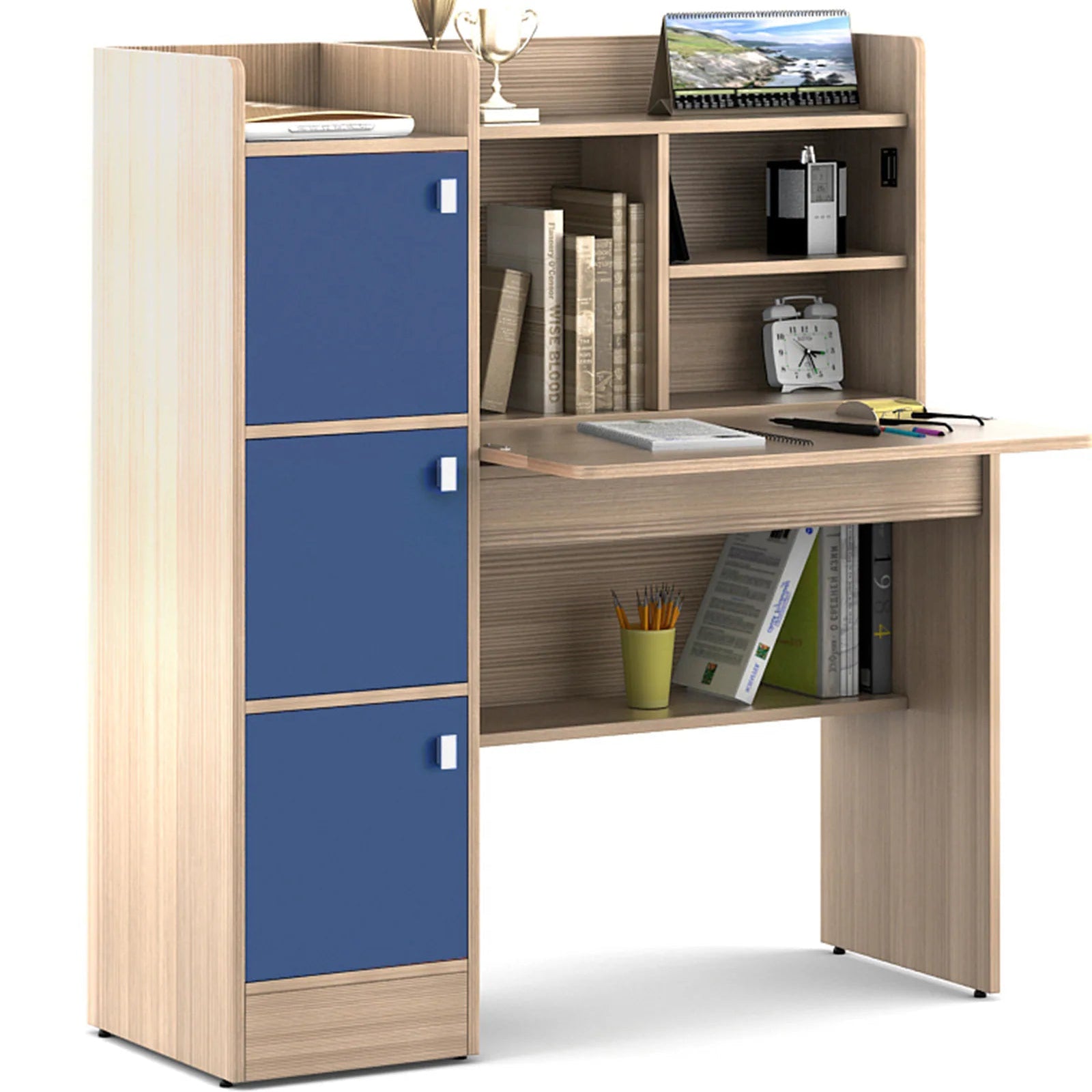Kids Study Desk in Oak & Blue with 3 Door Storage & Bookshelf for Kids Bedroom, Nursery & Study Area