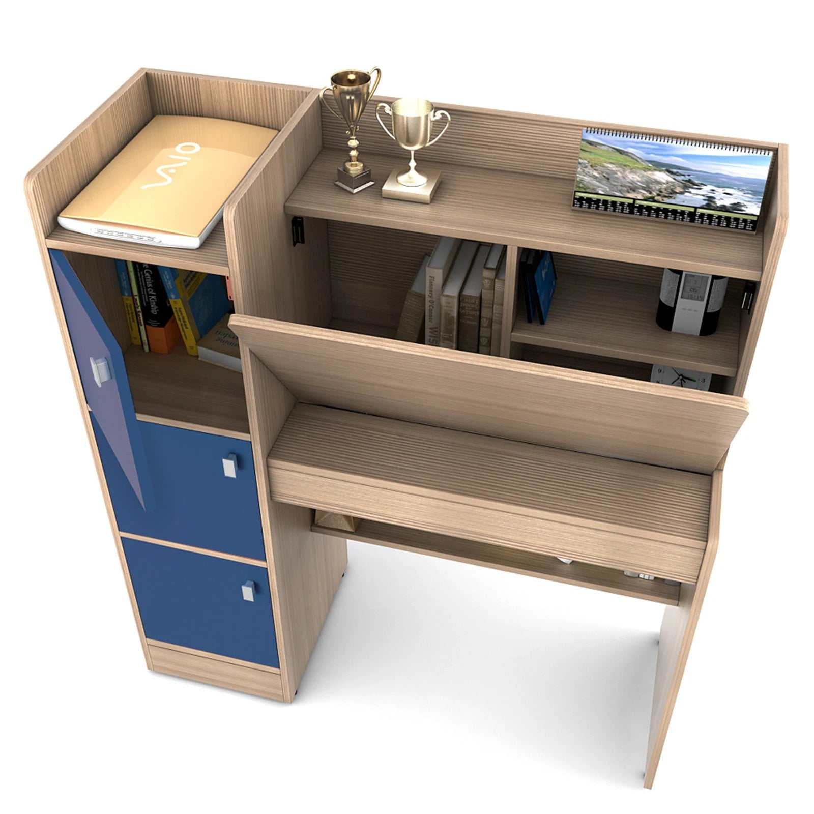 Kids Study Desk in Oak & Blue with 3 Door Storage & Bookshelf for Kids Bedroom, Nursery & Study Area