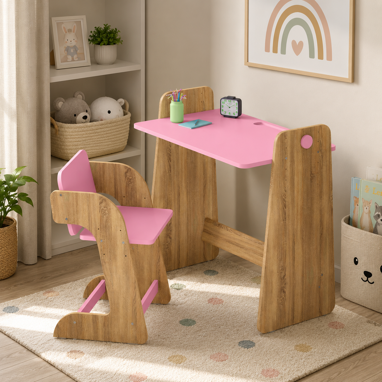 Kids Adjustable Study Table & Chair Set in Oak & Pink for Kids Bedroom, Nursery & Study Area