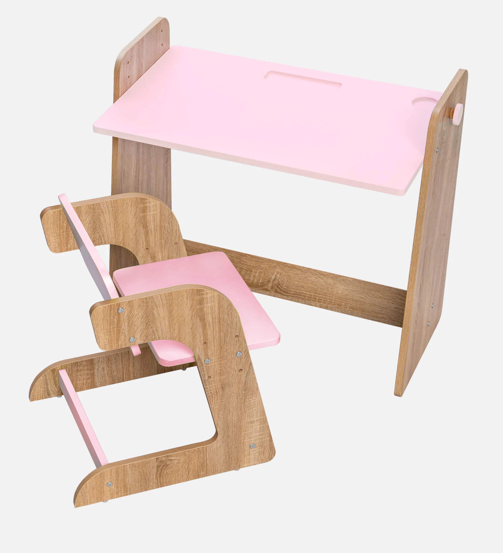 Kids Adjustable Study Table & Chair Set in Oak & Pink for Kids Bedroom, Nursery & Study Area