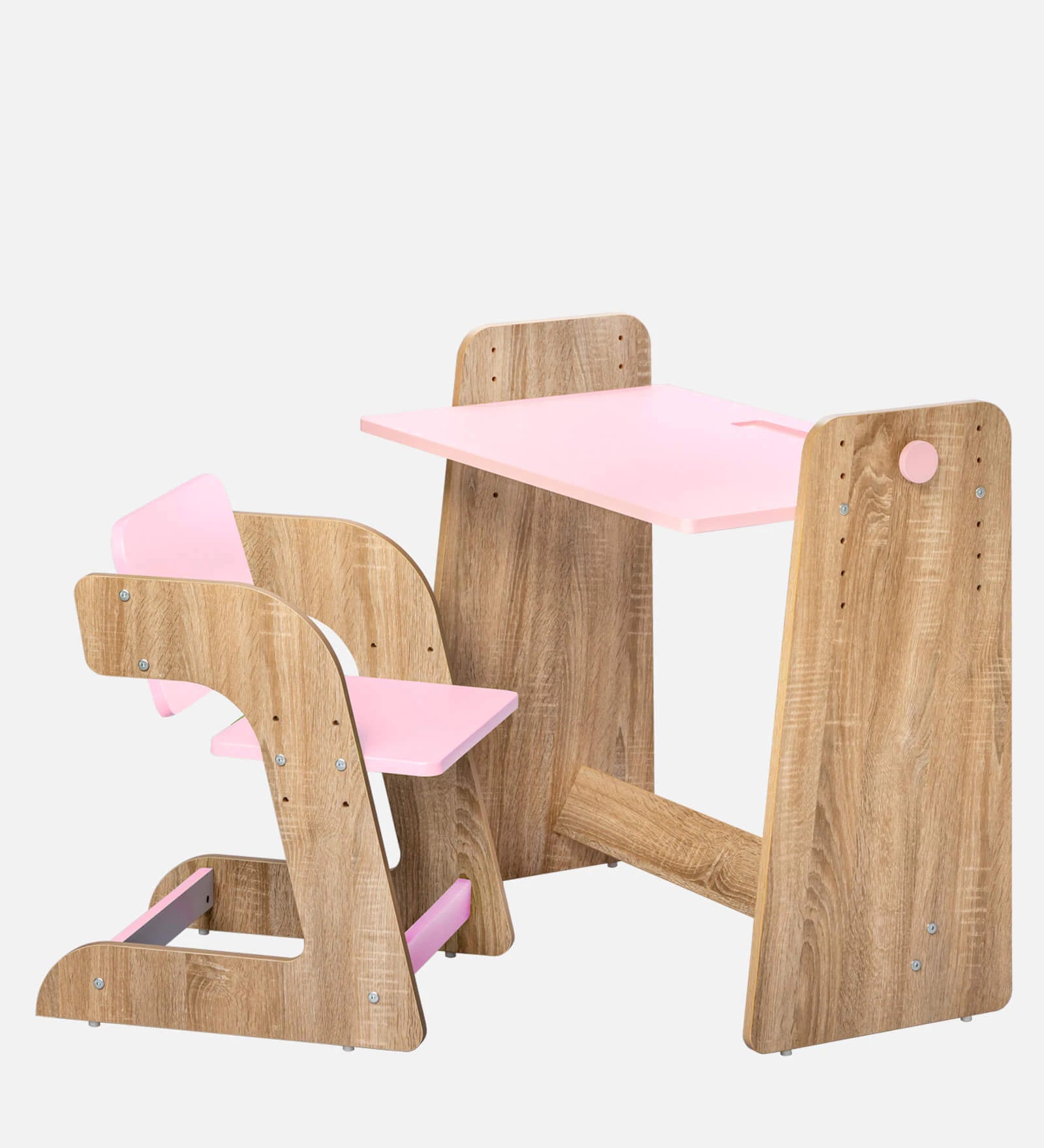 Kids Adjustable Study Table & Chair Set in Oak & Pink for Kids Bedroom, Nursery & Study Area