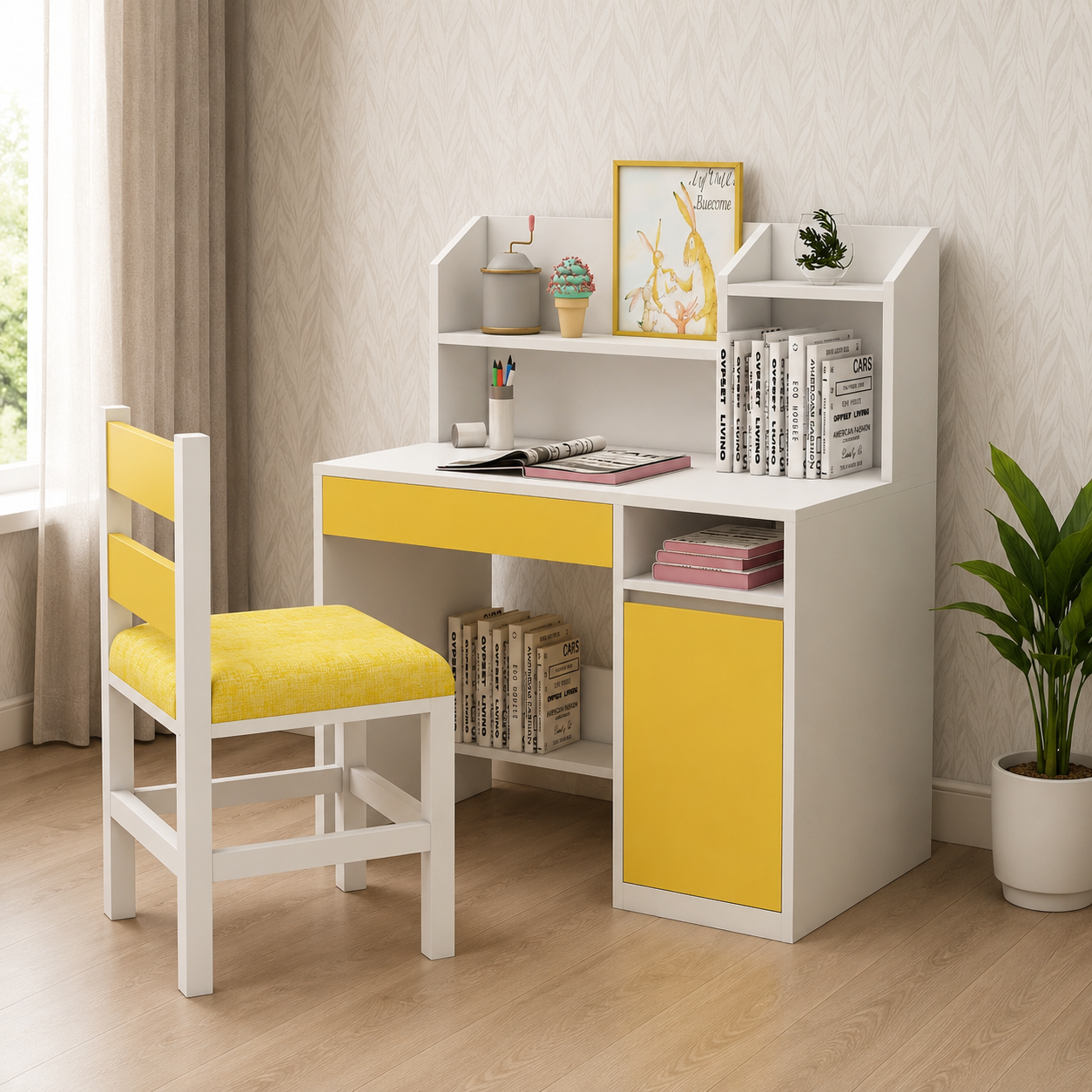 Kids Study Desk & Chair Set in White & Yellow with Bookshelf & Storage Cabinet for Kids Bedroom, Nursery & Study Area
