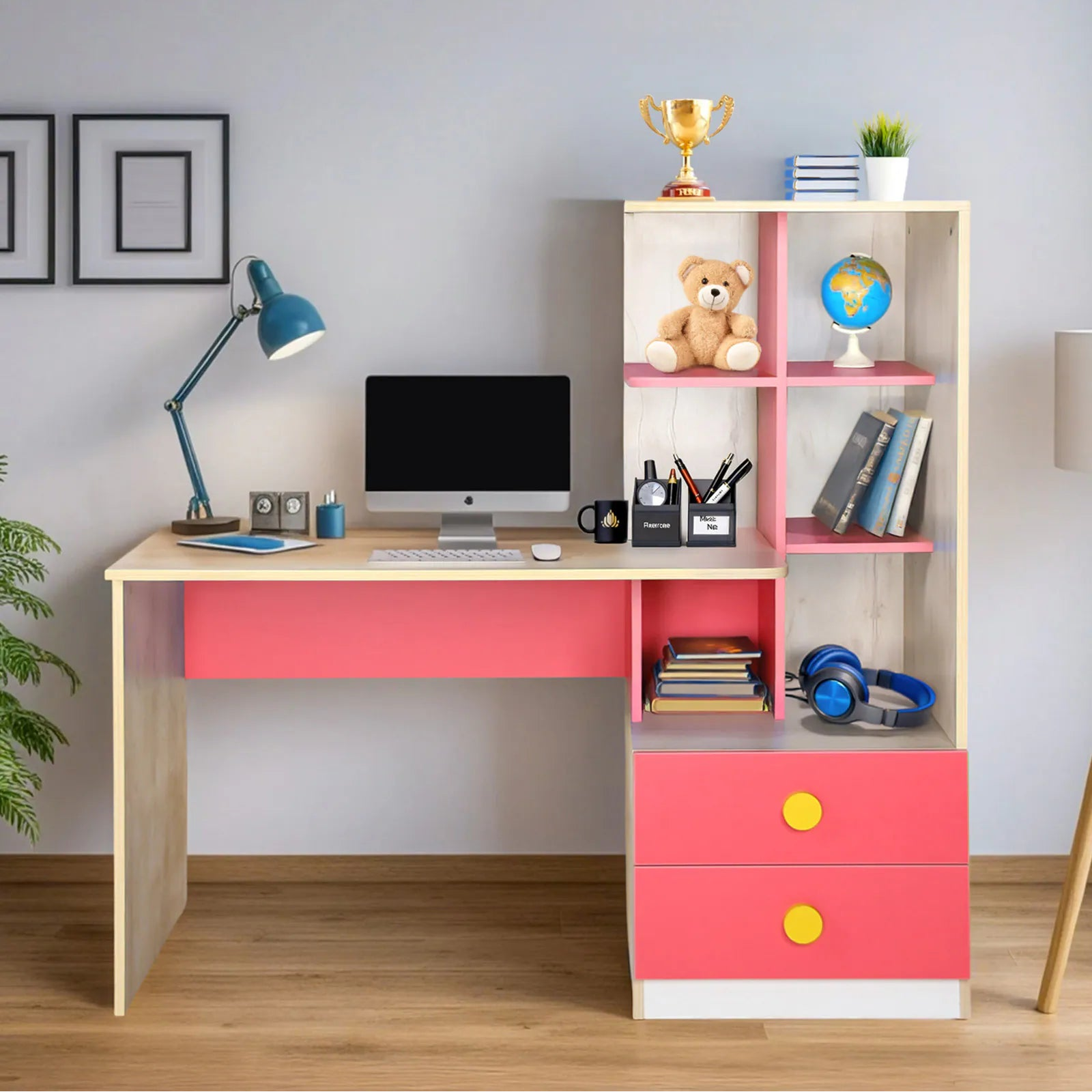Kids L-Shape Study Desk in Natural Wood & Pink with Bookshelf & 2 Drawers for Kids Bedroom, Nursery & Study Area