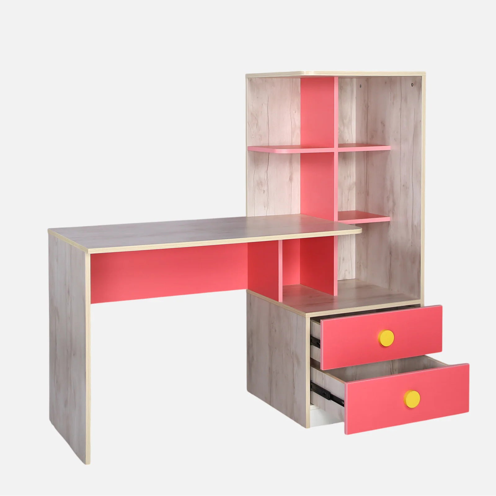 Kids L-Shape Study Desk in Natural Wood & Pink with Bookshelf & 2 Drawers for Kids Bedroom, Nursery & Study Area
