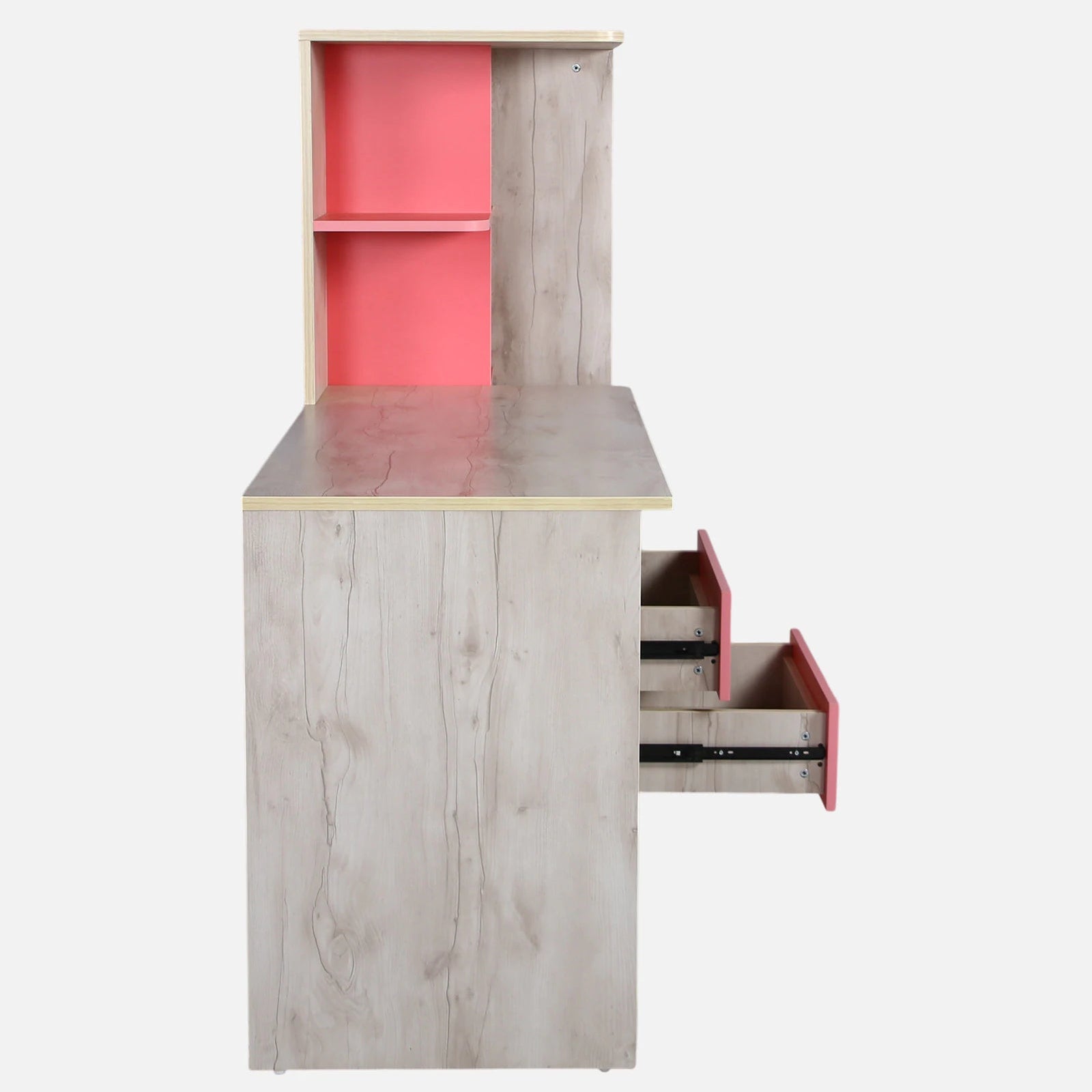 Kids L-Shape Study Desk in Natural Wood & Pink with Bookshelf & 2 Drawers for Kids Bedroom, Nursery & Study Area