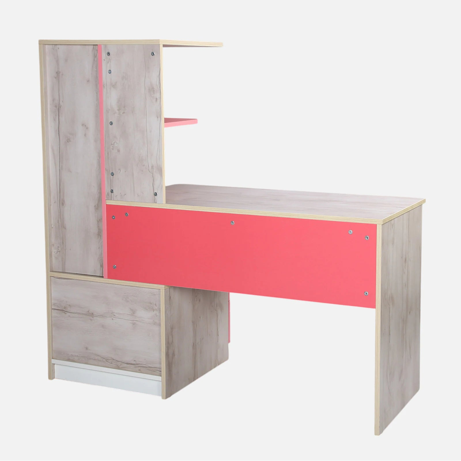 Kids L-Shape Study Desk in Natural Wood & Pink with Bookshelf & 2 Drawers for Kids Bedroom, Nursery & Study Area